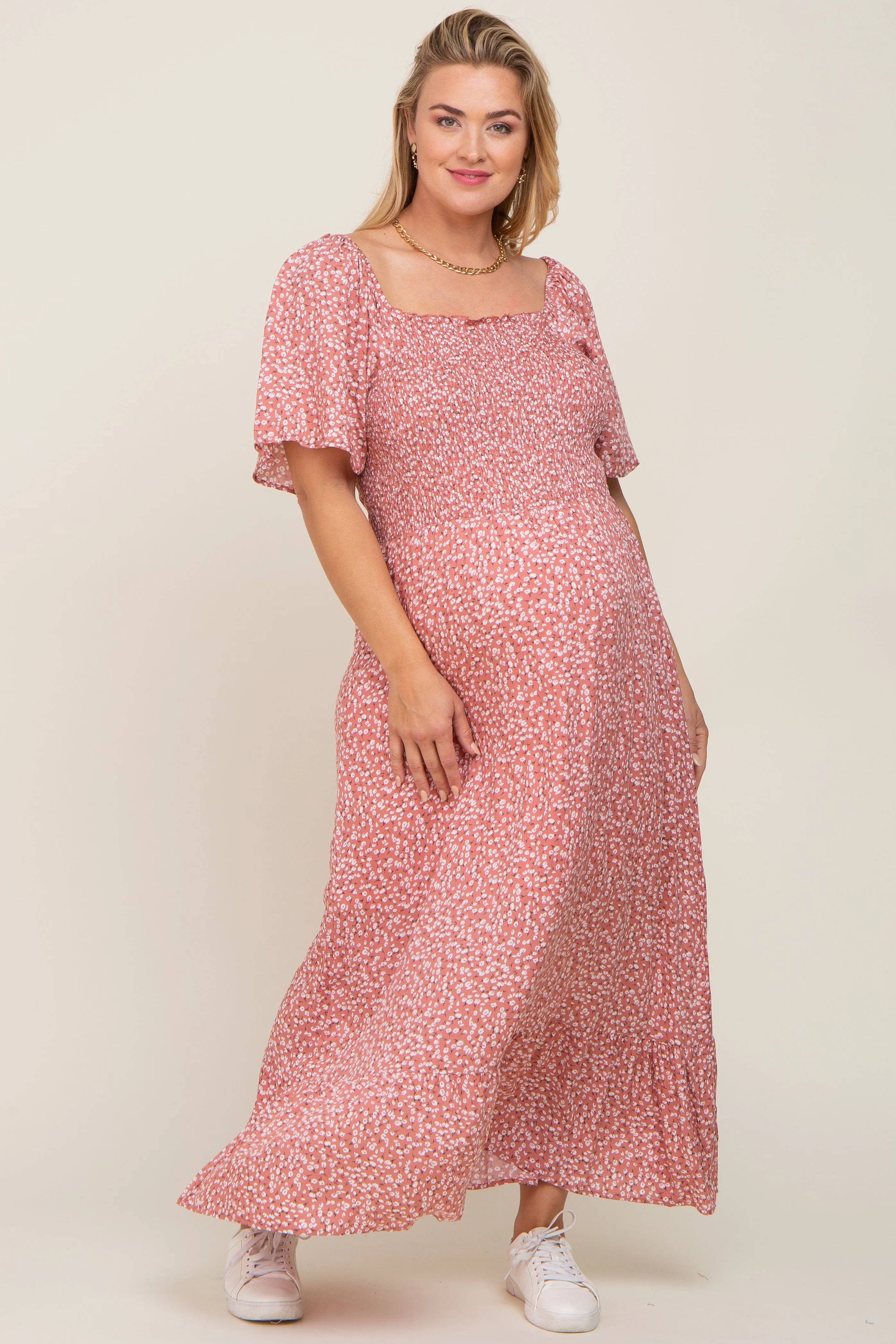Mauve Floral Smocked Flounce Sleeve Maternity Plus Maxi Dress sold by Pinkblush product image thumbnail 4