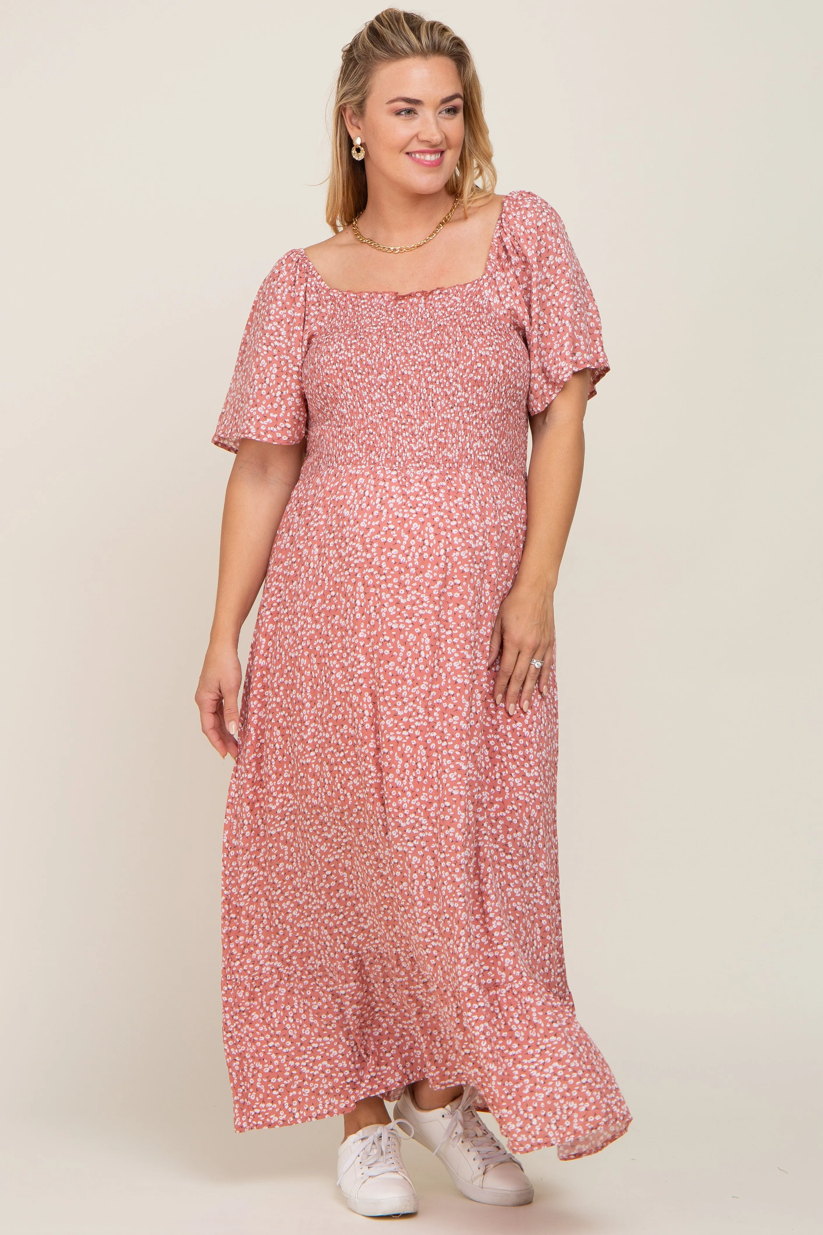Mauve Floral Smocked Flounce Sleeve Maternity Plus Maxi Dress sold by Pinkblush