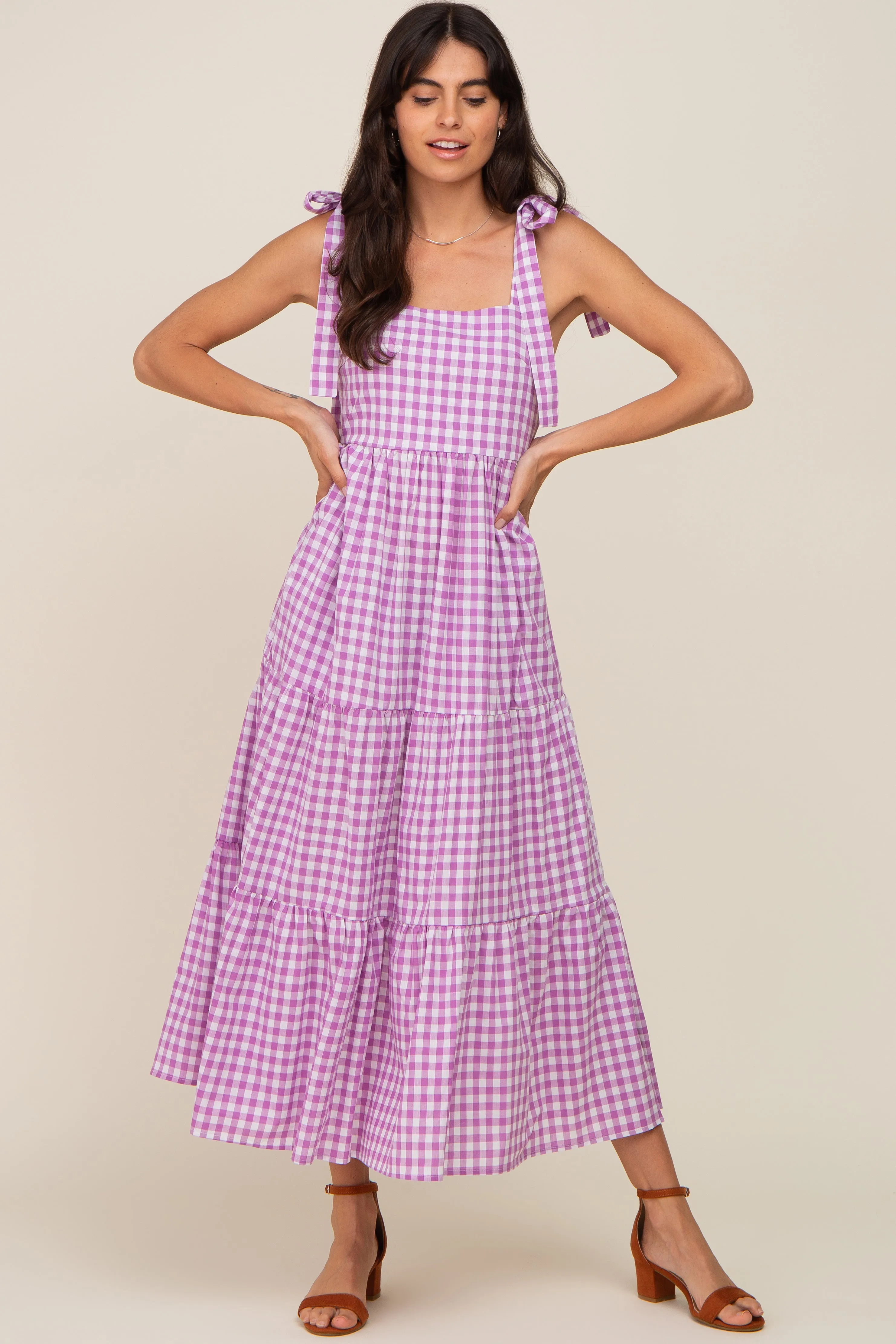 Lavender Checkered Sleeveless Tiered Maxi Dress sold by Pinkblush product image thumbnail 4