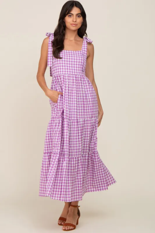 Lavender Checkered Sleeveless Tiered Maxi Dress sold by Pinkblush