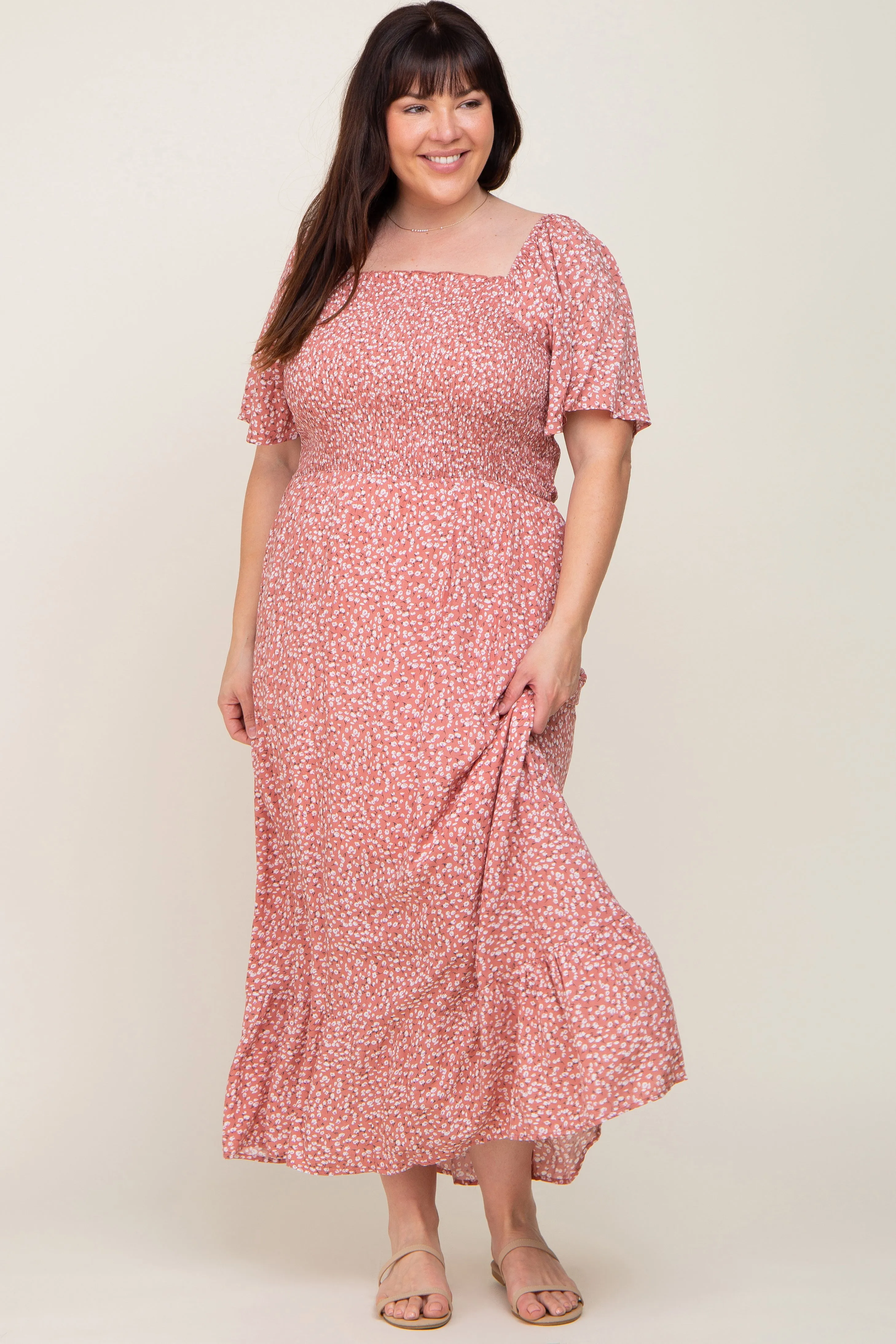 Mauve Floral Smocked Flounce Sleeve Maternity Plus Maxi Dress sold by Pinkblush product image thumbnail 5