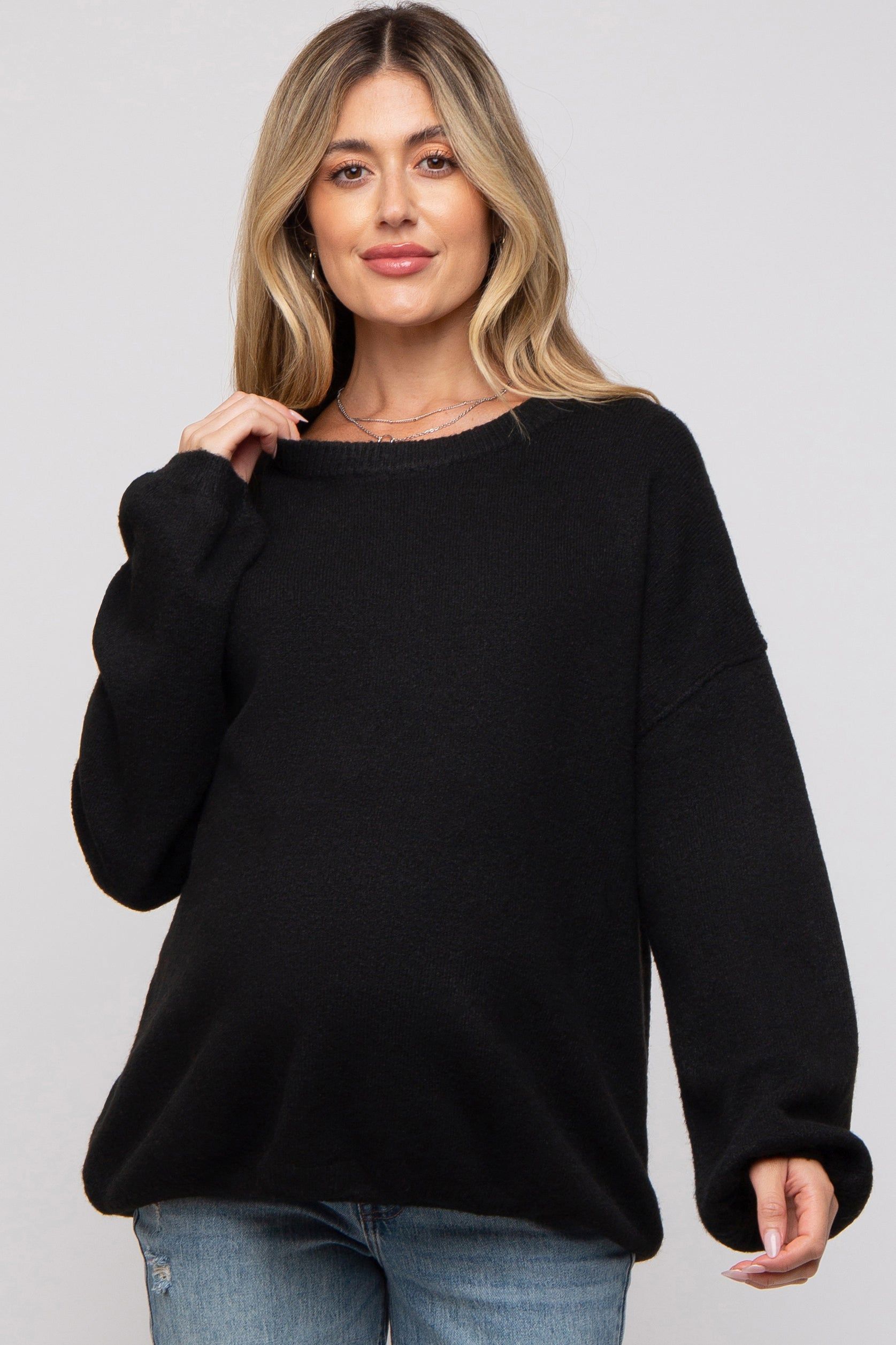 Black Basic Drop Shoulder Maternity Sweater sold by Pinkblush