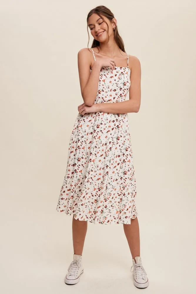 Orange Floral Print Square Neck A-Line Skirt Midi Dress sold by Pinkblush product image thumbnail 2