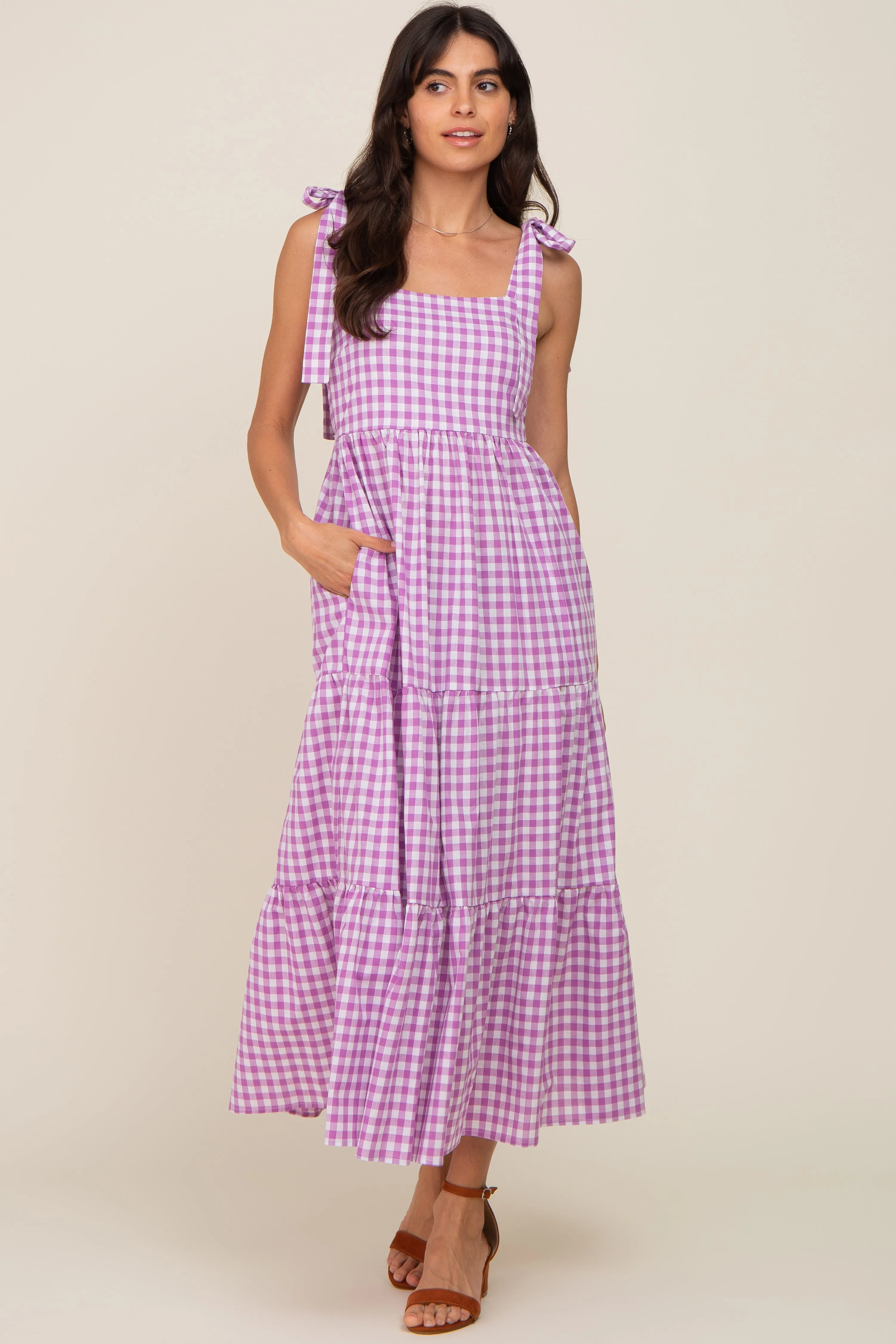 Lavender Checkered Sleeveless Tiered Maxi Dress sold by Pinkblush product image thumbnail 5