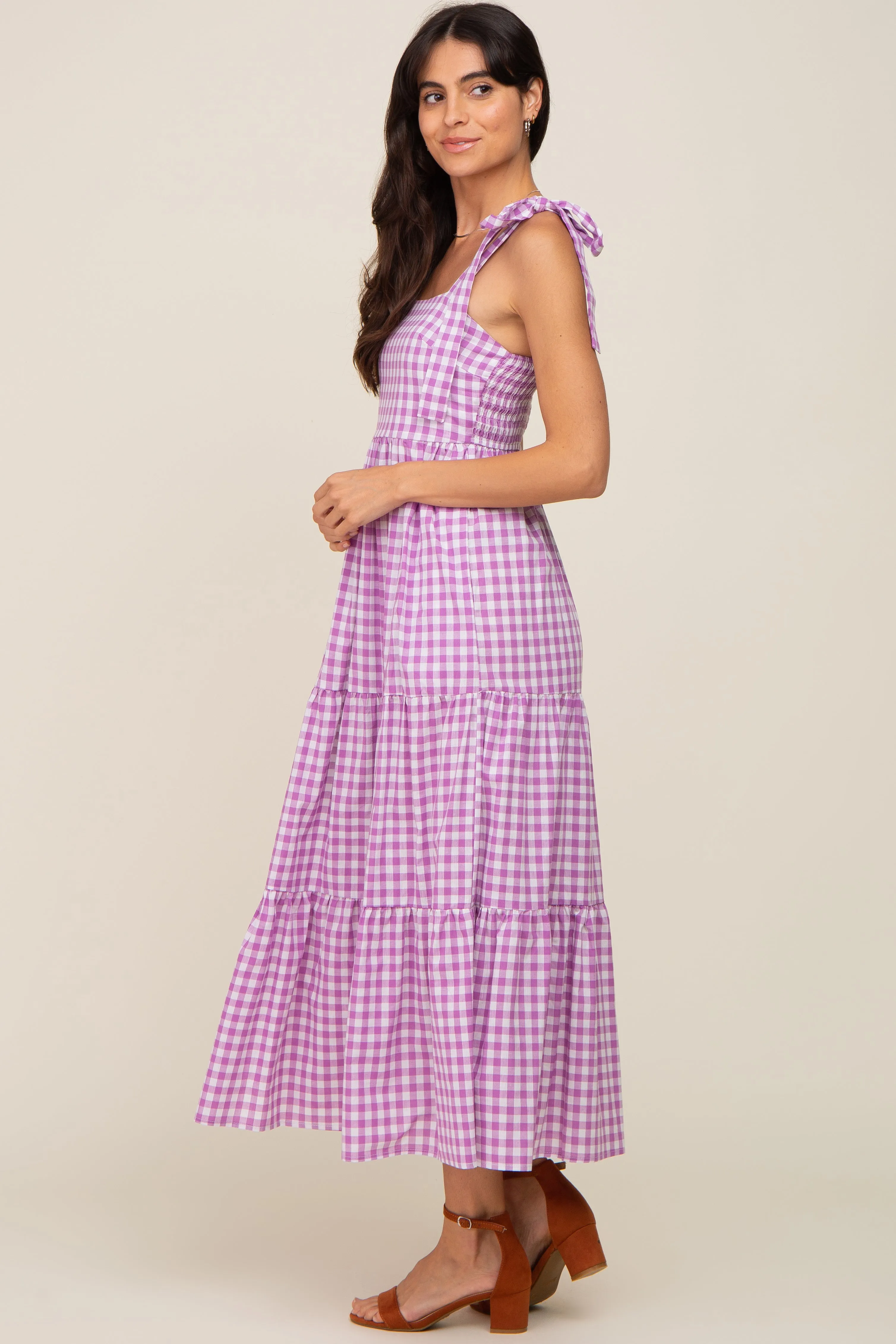 Lavender Checkered Sleeveless Tiered Maxi Dress sold by Pinkblush product image thumbnail 2