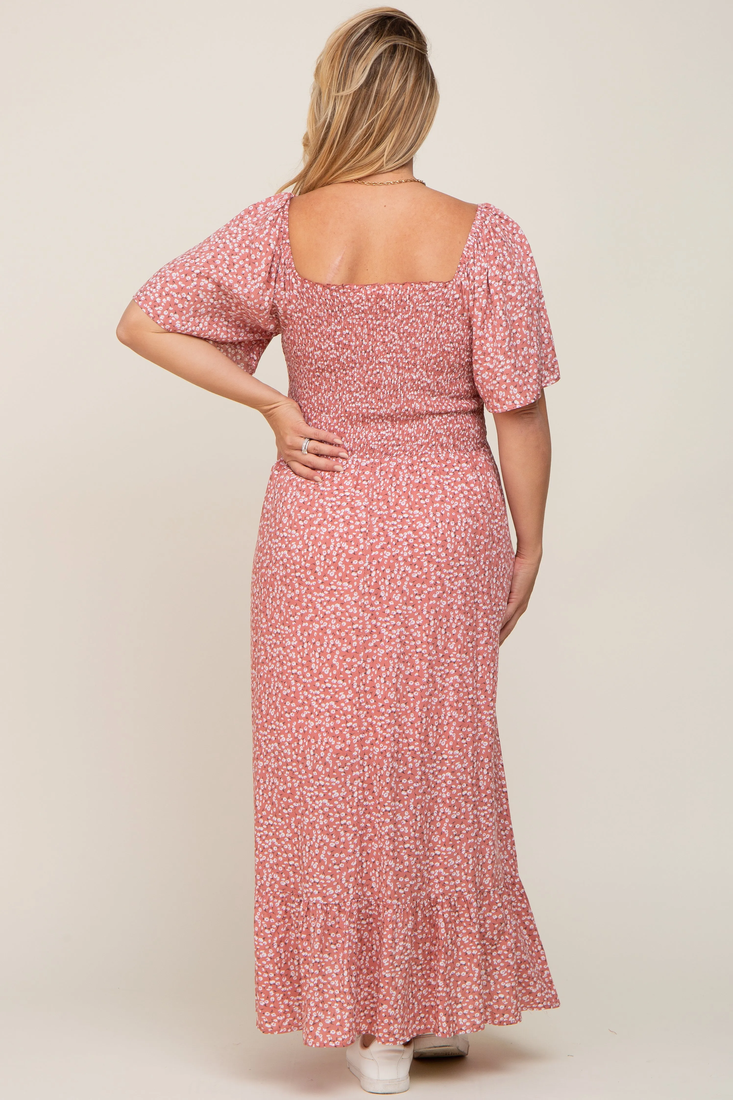 Mauve Floral Smocked Flounce Sleeve Maternity Plus Maxi Dress sold by Pinkblush product image thumbnail 3