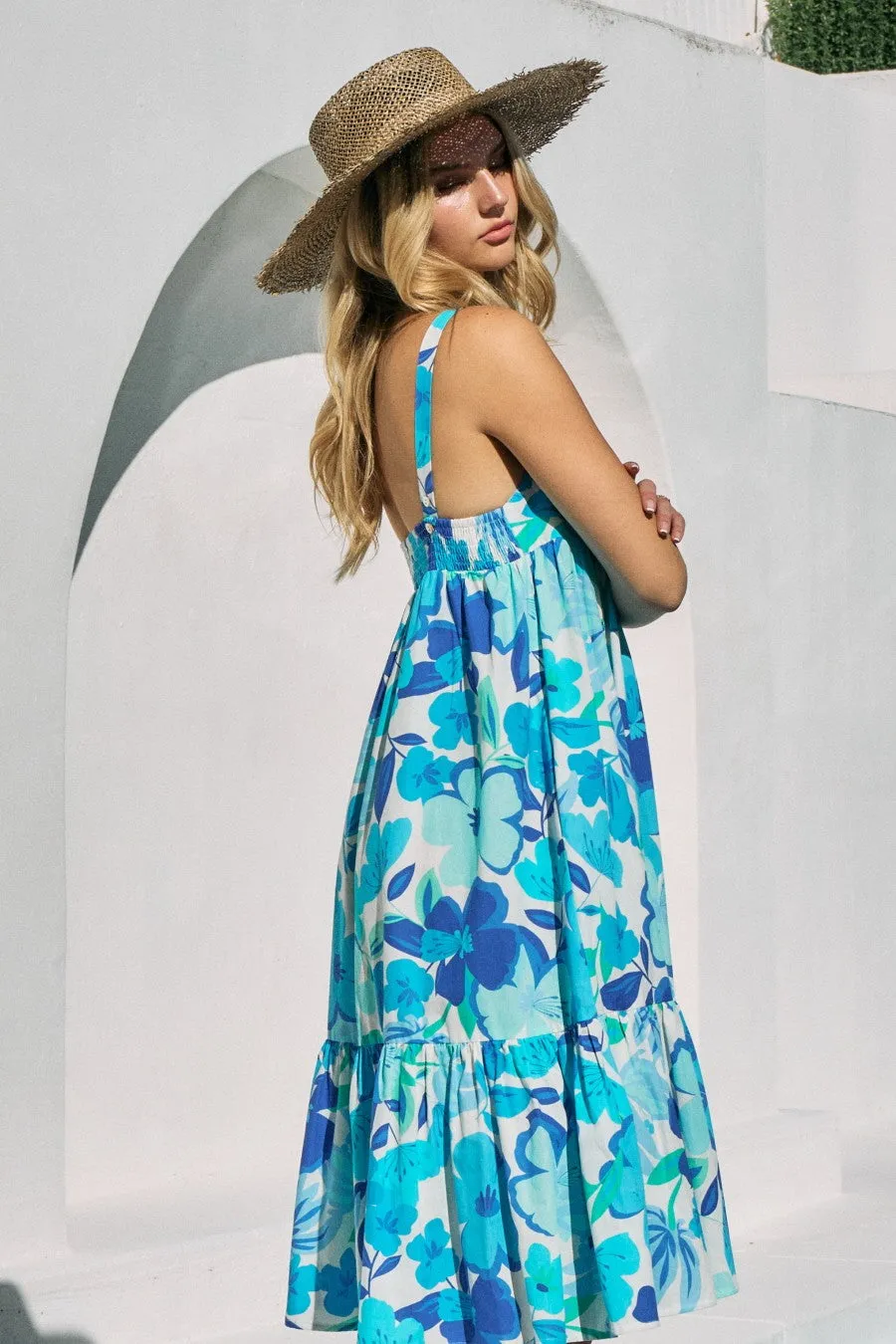 Blue Floral Button Front Sweetheart Neck Midi Dress sold by Pinkblush product image thumbnail 2
