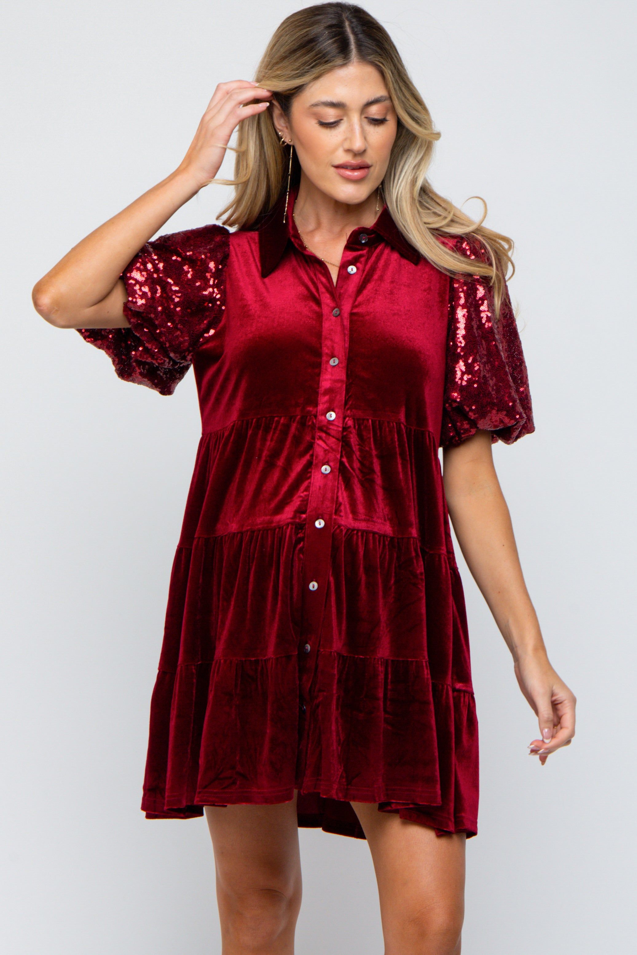 Burgundy Velvet Tiered Sequin Short Sleeve Maternity Dress sold by Pinkblush product image thumbnail 2