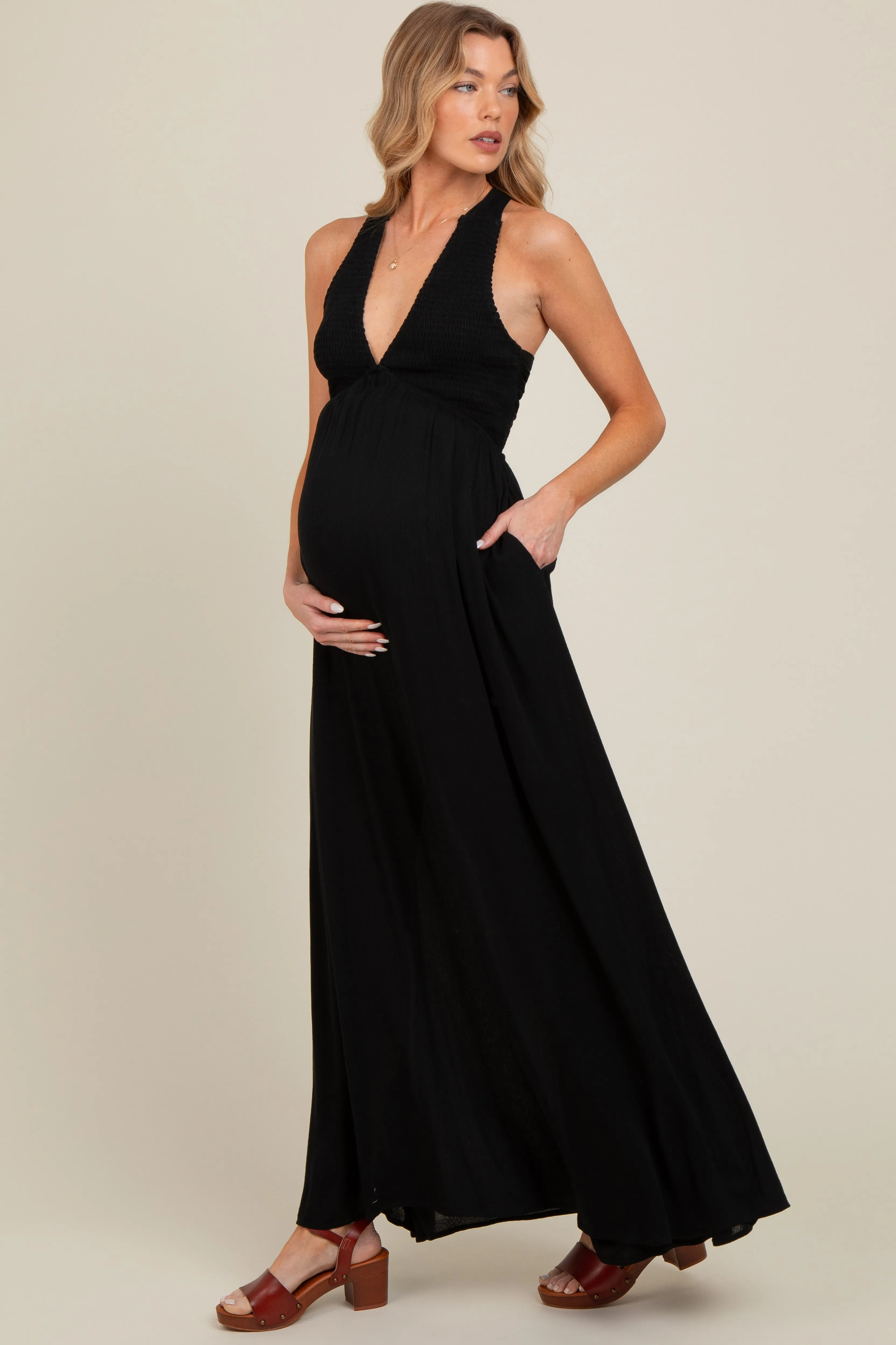 Black Deep V-Neck Cross Back Maternity Maxi Dress sold by Pinkblush product image thumbnail 3