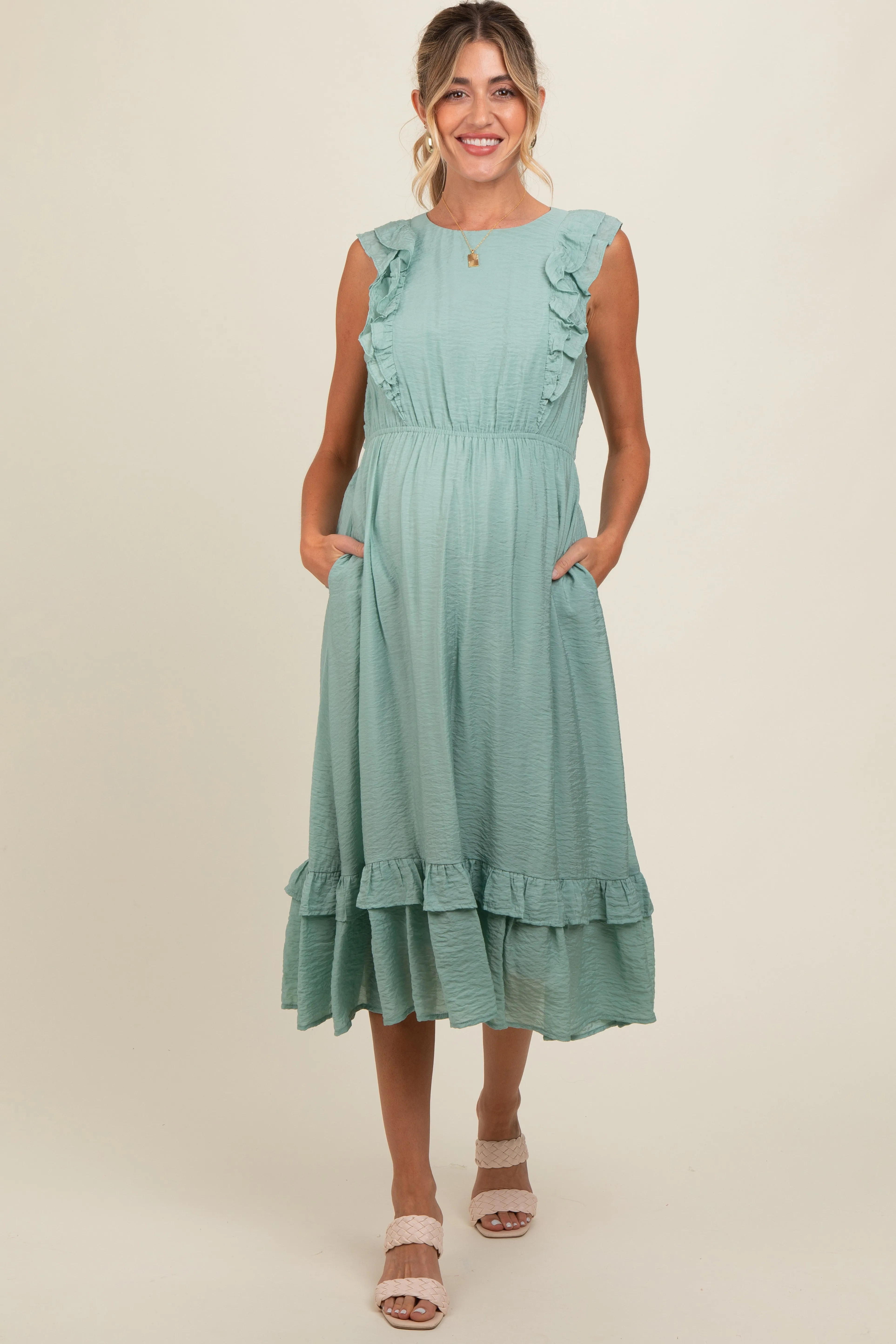 Jade Texture Ruffle Accent Maternity Midi Dress sold by Pinkblush product image thumbnail 2