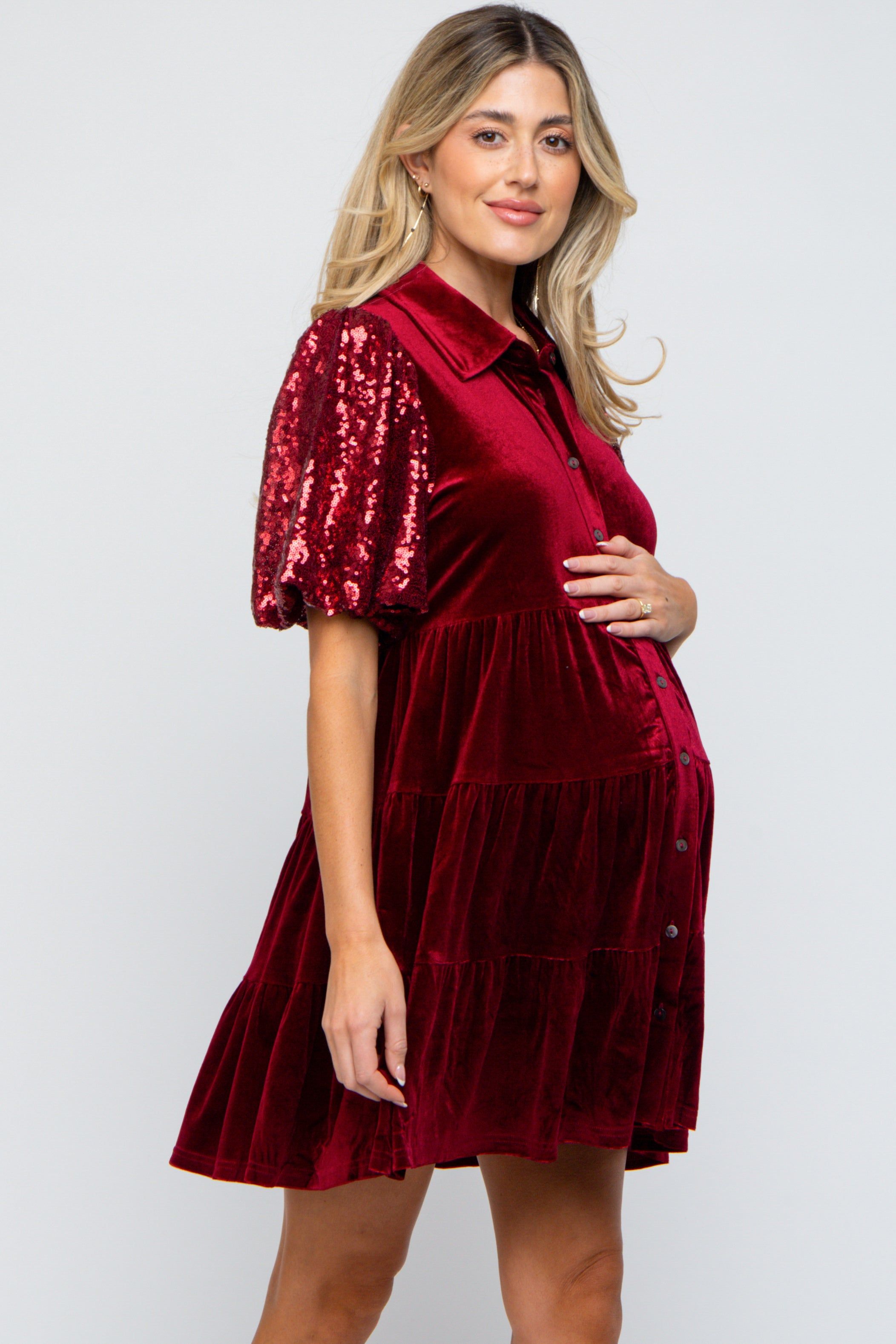 Burgundy Velvet Tiered Sequin Short Sleeve Maternity Dress sold by Pinkblush product image thumbnail 3