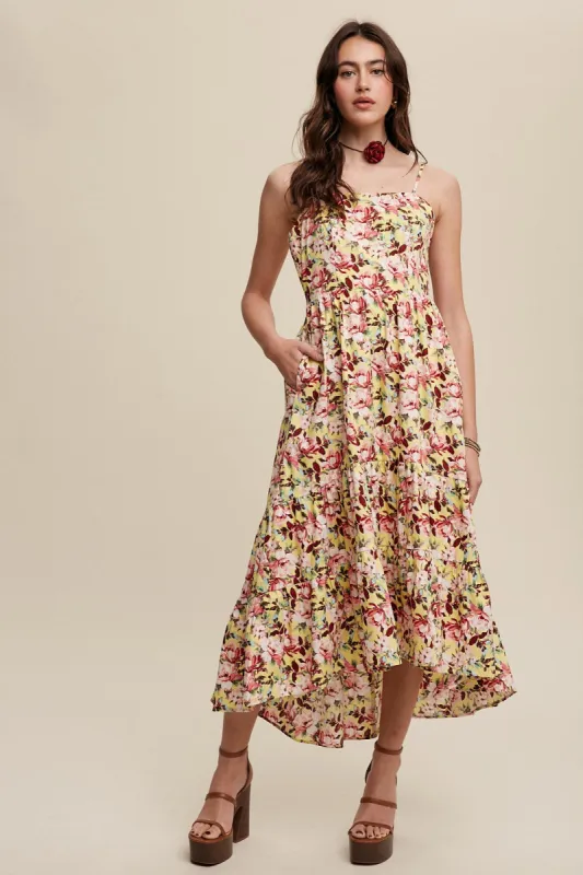 Yellow Floral Tiered Hi-Low Midi Dress sold by Pinkblush