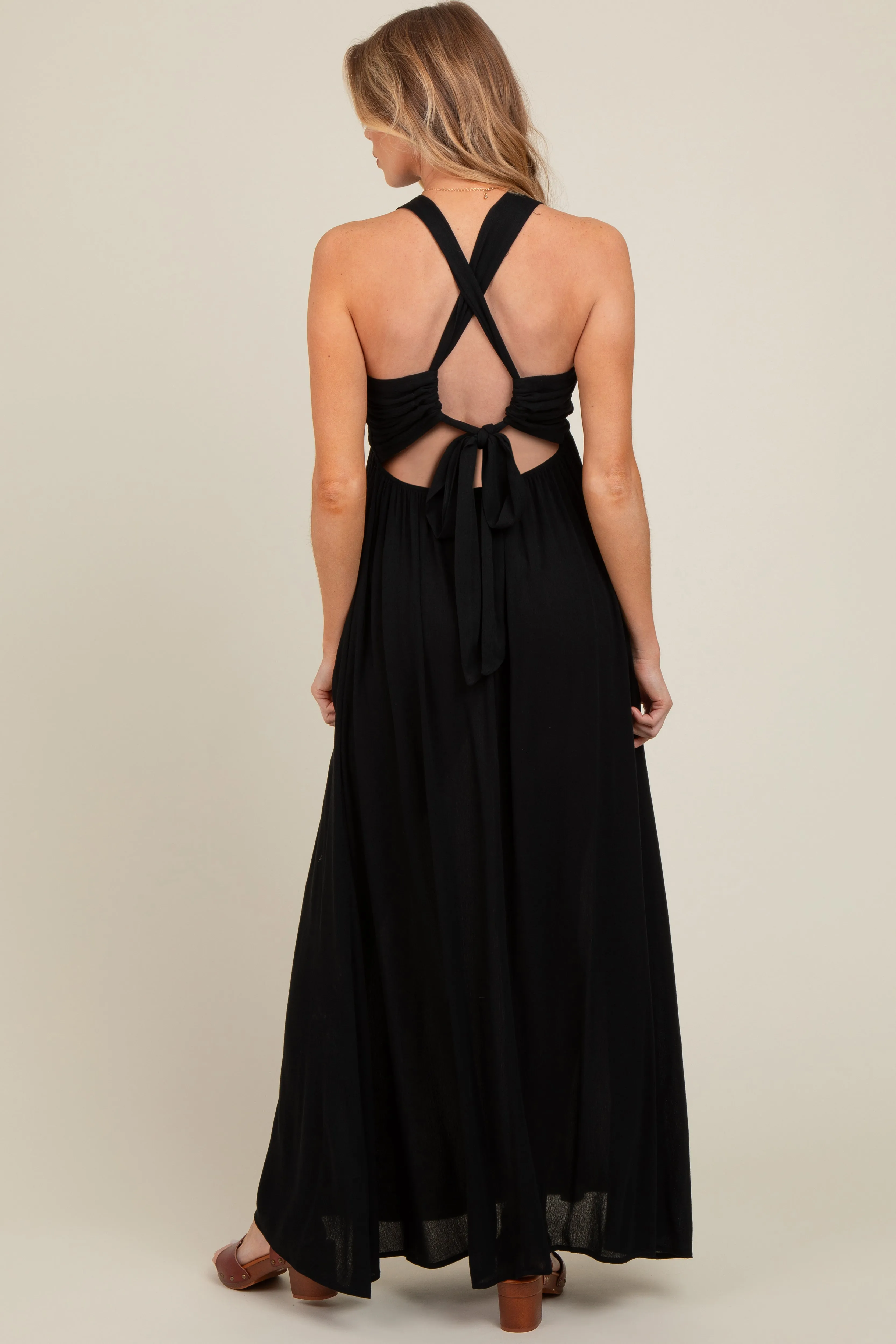 Black Deep V-Neck Cross Back Maternity Maxi Dress sold by Pinkblush product image thumbnail 4