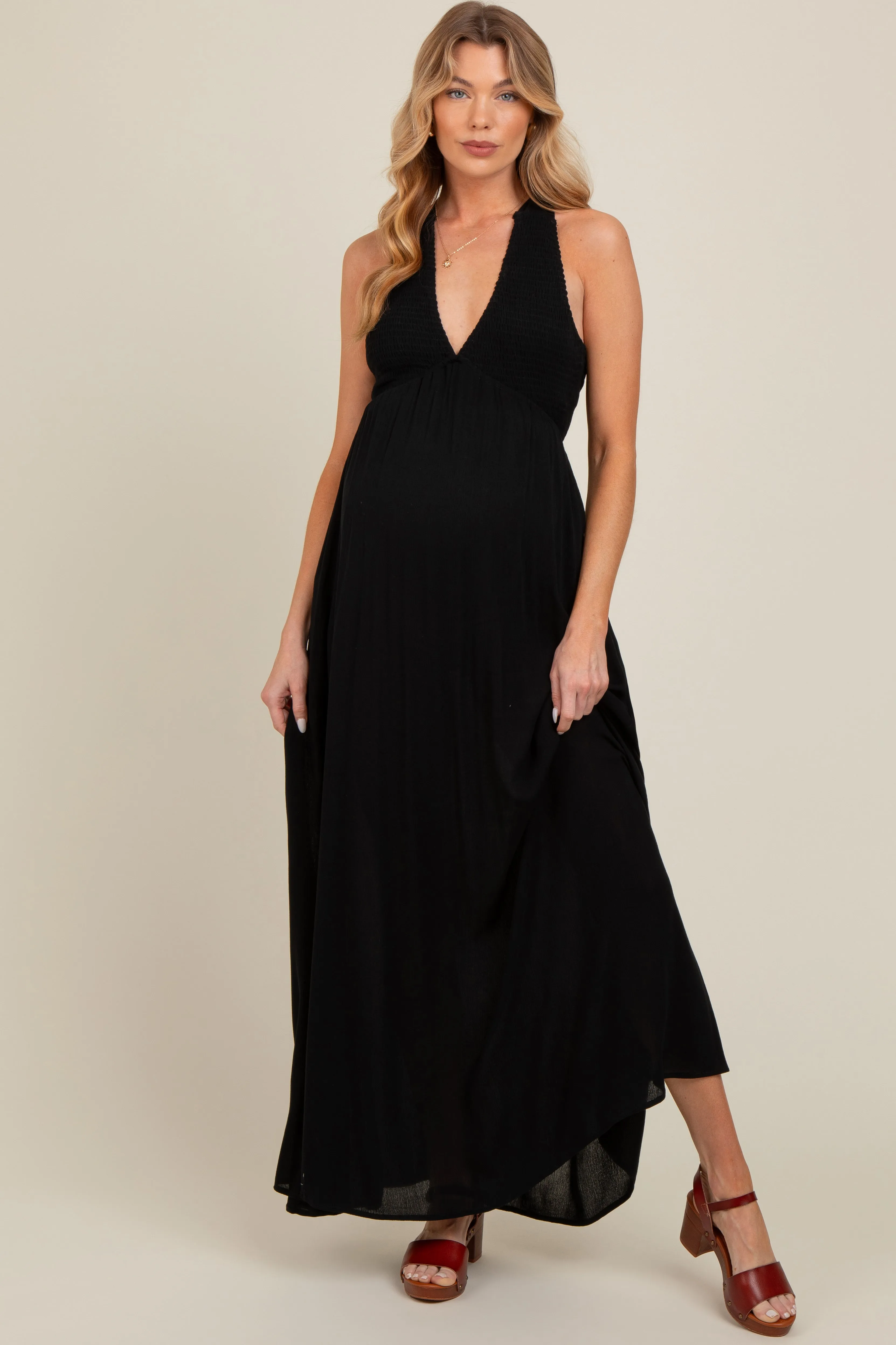 Black Deep V-Neck Cross Back Maternity Maxi Dress sold by Pinkblush