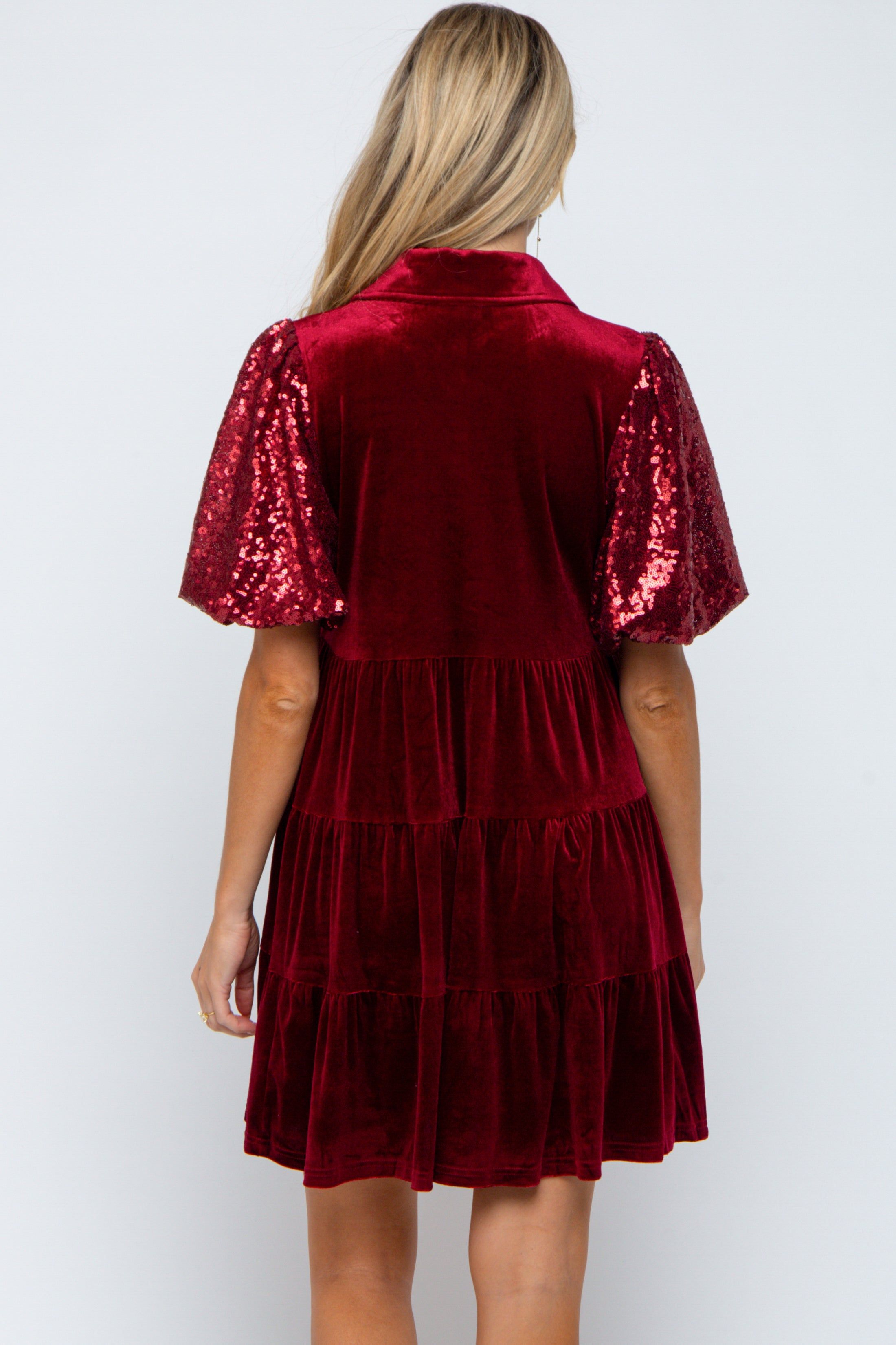 Burgundy Velvet Tiered Sequin Short Sleeve Maternity Dress sold by Pinkblush product image thumbnail 4