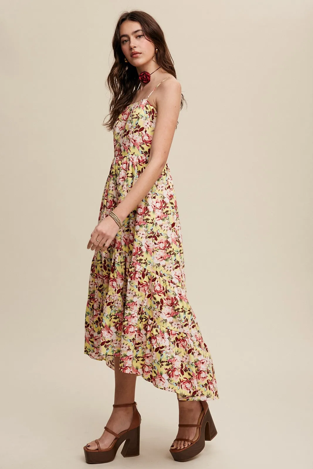 Yellow Floral Tiered Hi-Low Midi Dress sold by Pinkblush product image thumbnail 2