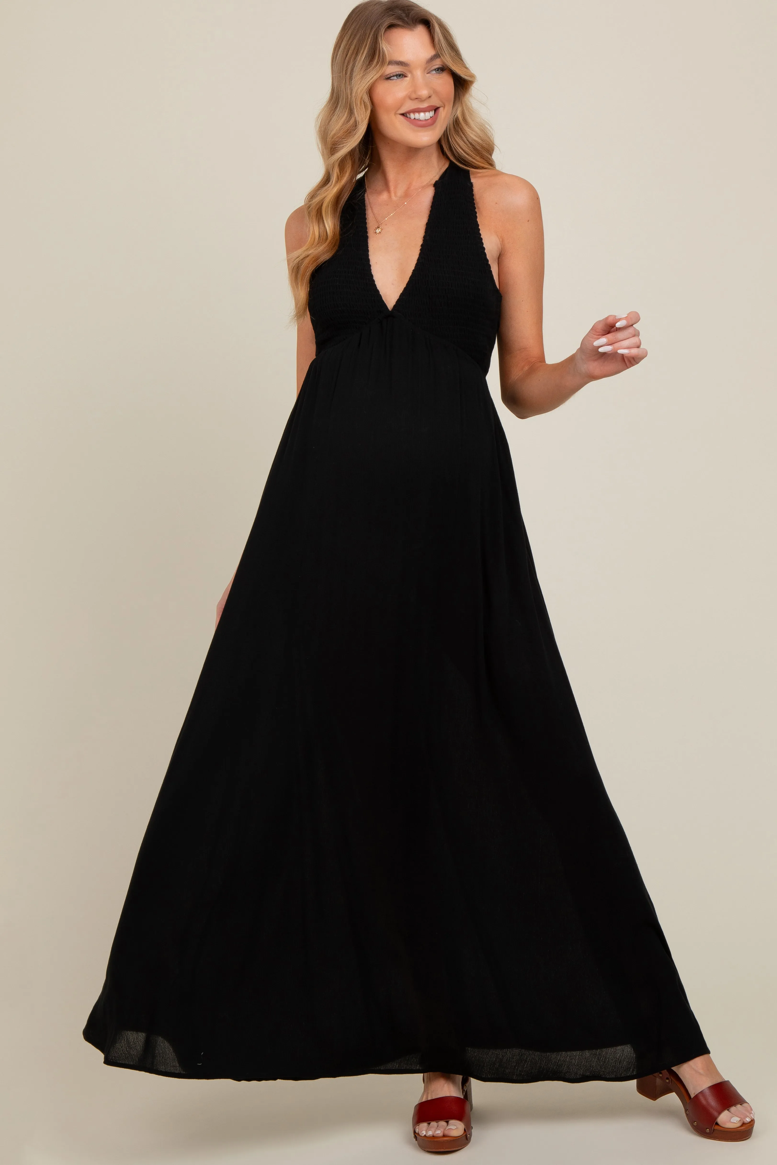 Black Deep V-Neck Cross Back Maternity Maxi Dress sold by Pinkblush product image thumbnail 2