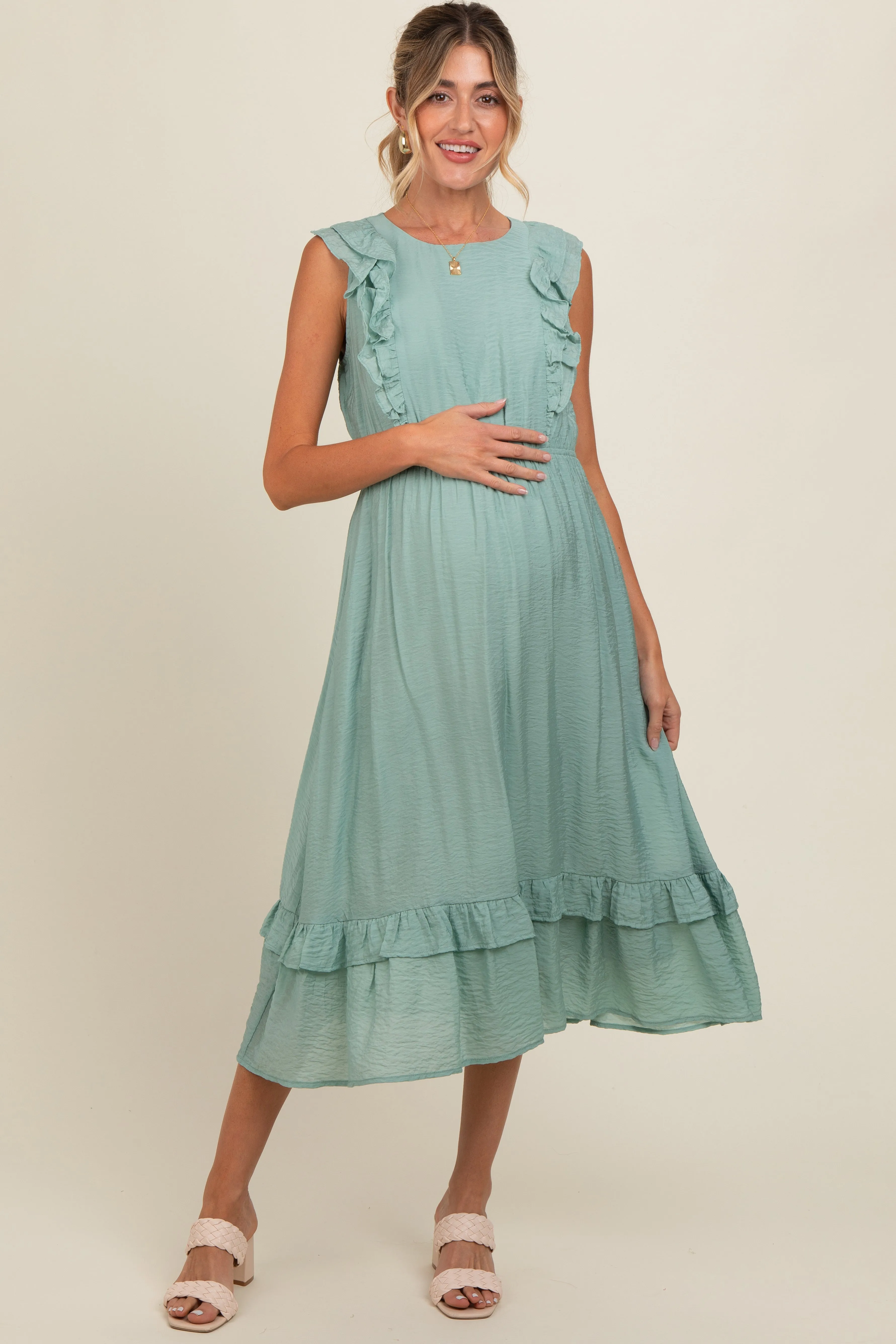 Jade Texture Ruffle Accent Maternity Midi Dress sold by Pinkblush