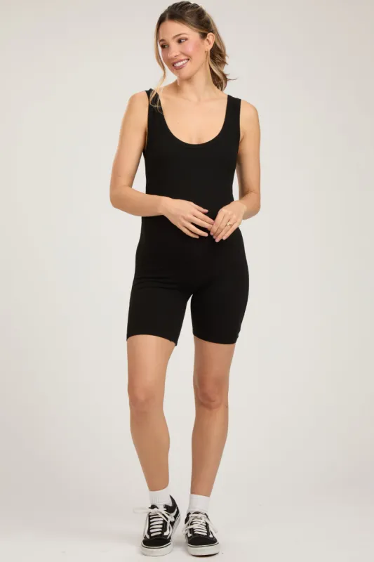 Black Sleeveless Ribbed Biker Short Maternity Romper sold by Pinkblush