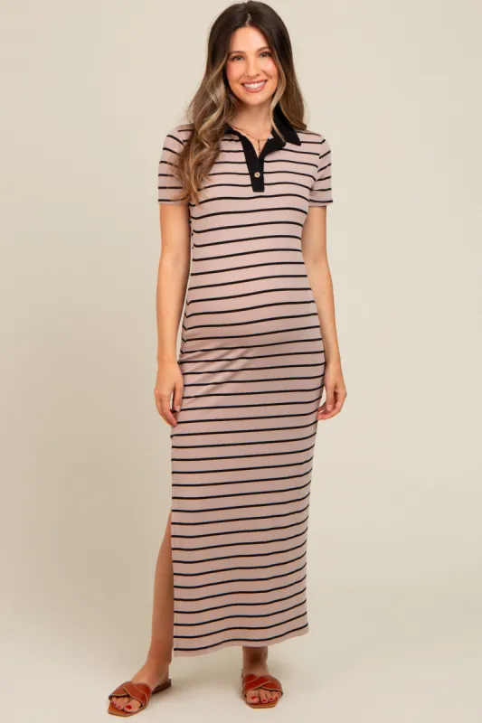 Mocha Striped Collared Side Slit Maternity Maxi Dress sold by Pinkblush