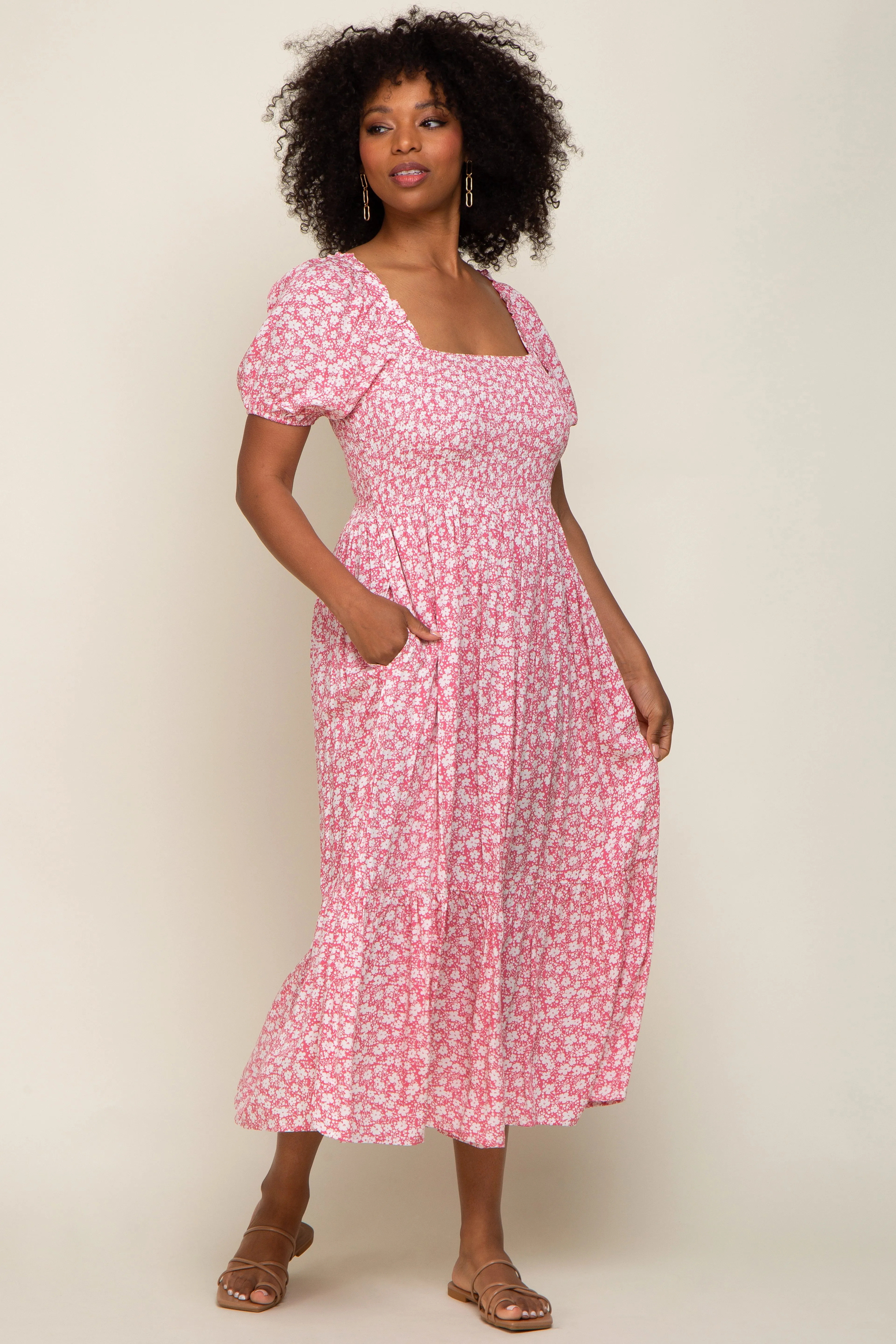 Pink Floral Smocked Short Sleeve Midi Dress sold by Pinkblush product image thumbnail 2