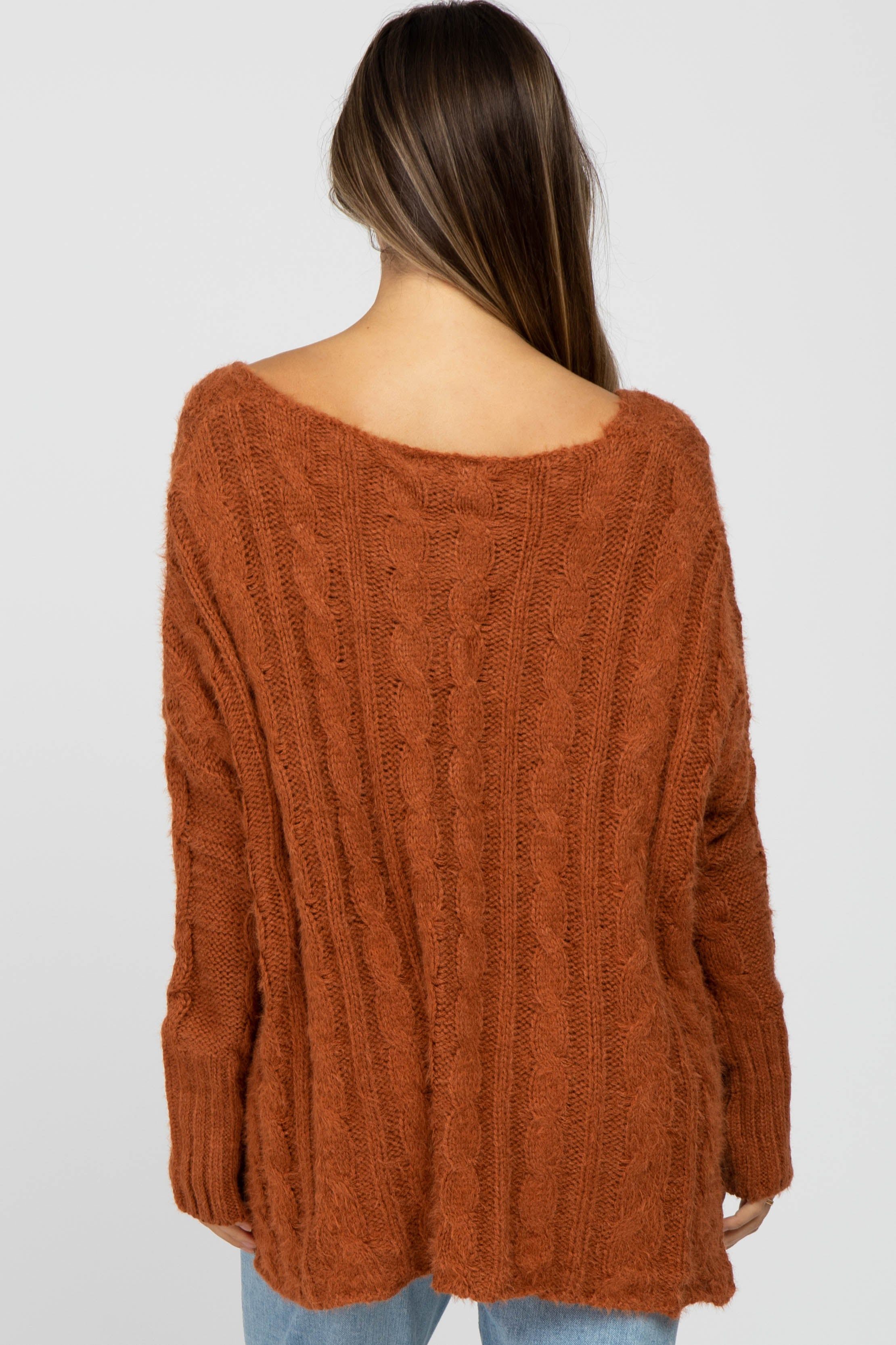 Camel V-Neck Side Slit Cable Knit Maternity Sweater sold by Pinkblush product image thumbnail 3