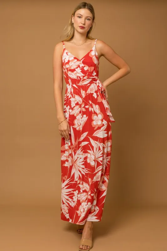 Red Floral Palm Print Wrap Maxi Dress sold by Pinkblush