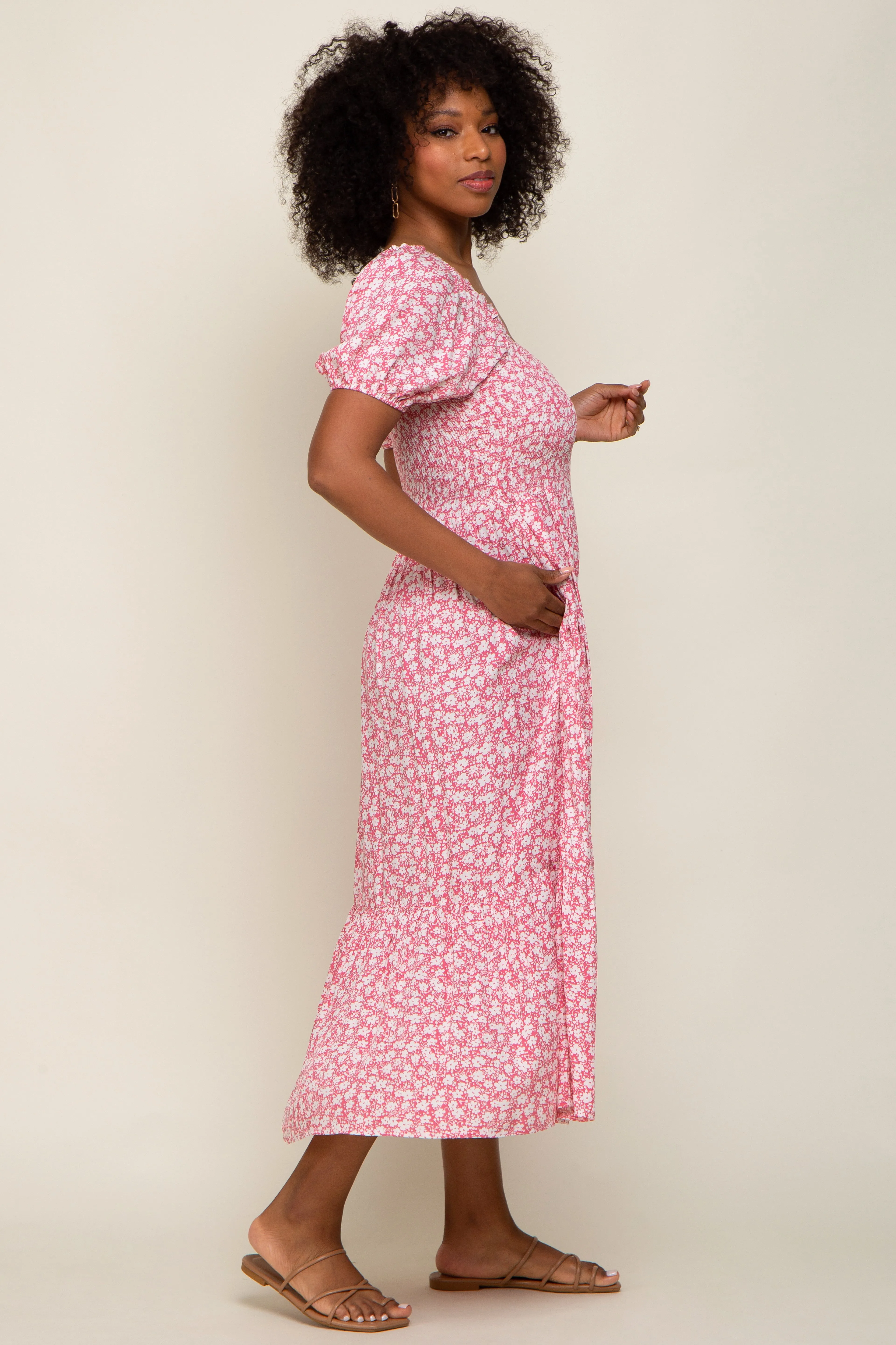 Pink Floral Smocked Short Sleeve Midi Dress sold by Pinkblush product image thumbnail 3