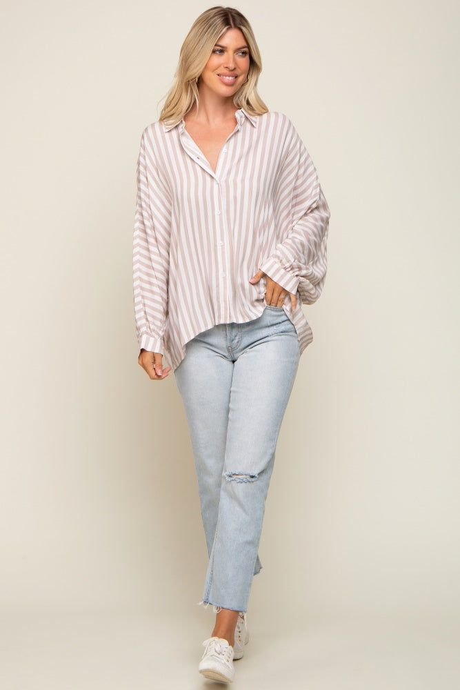 Taupe Striped Button Up Dolman Sleeve Top sold by Pinkblush product image thumbnail 4