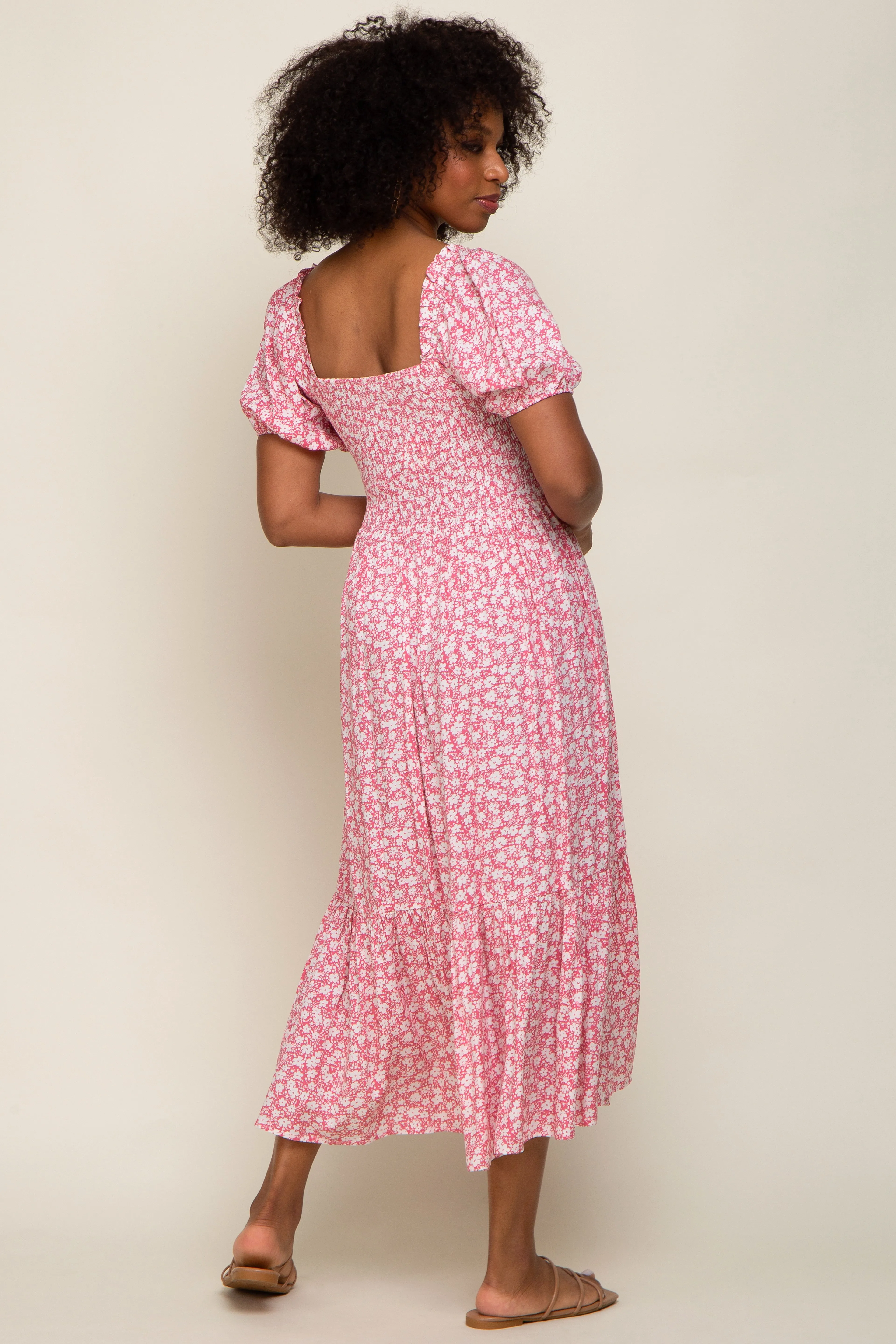 Pink Floral Smocked Short Sleeve Midi Dress sold by Pinkblush product image thumbnail 4