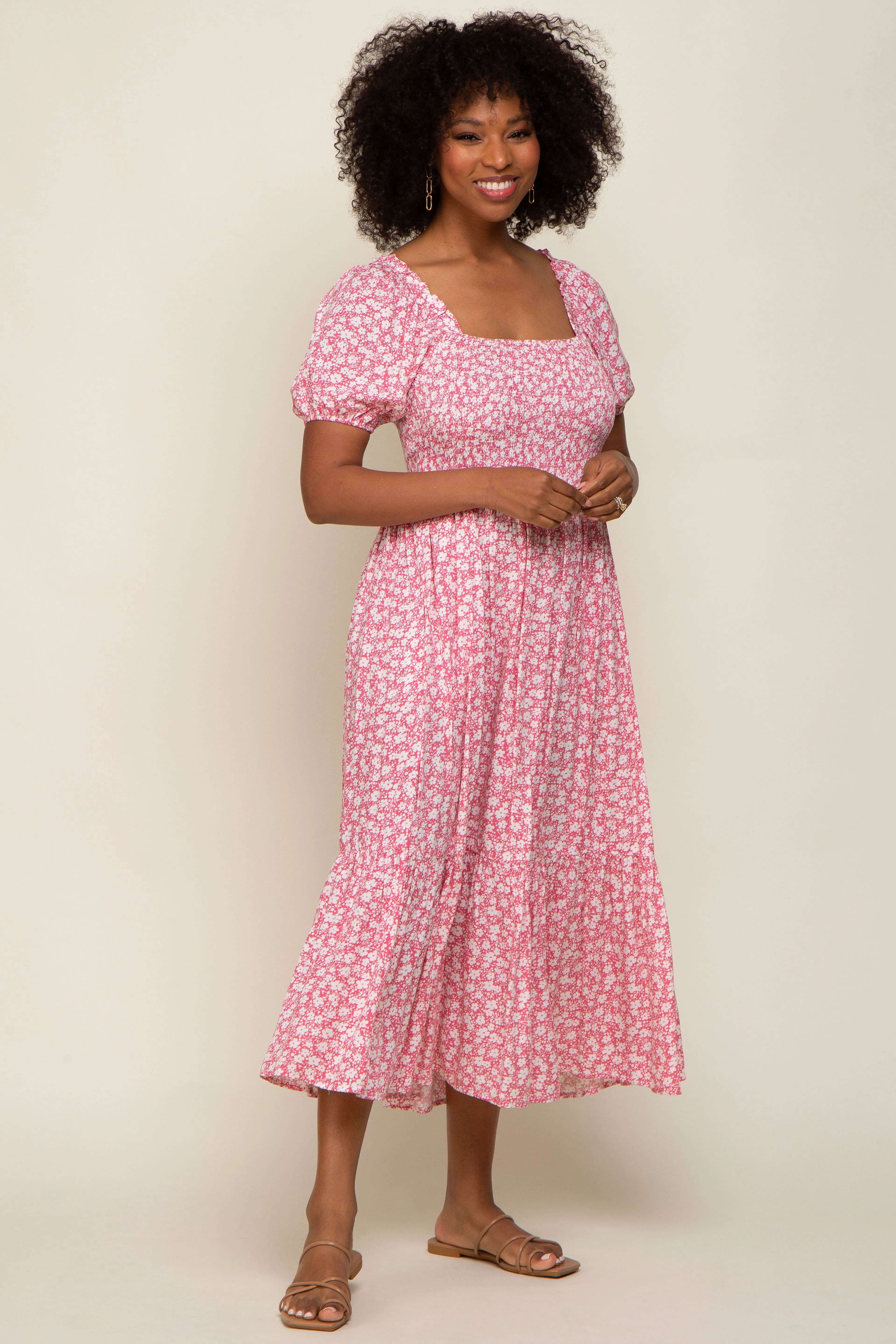 Pink Floral Smocked Short Sleeve Midi Dress sold by Pinkblush