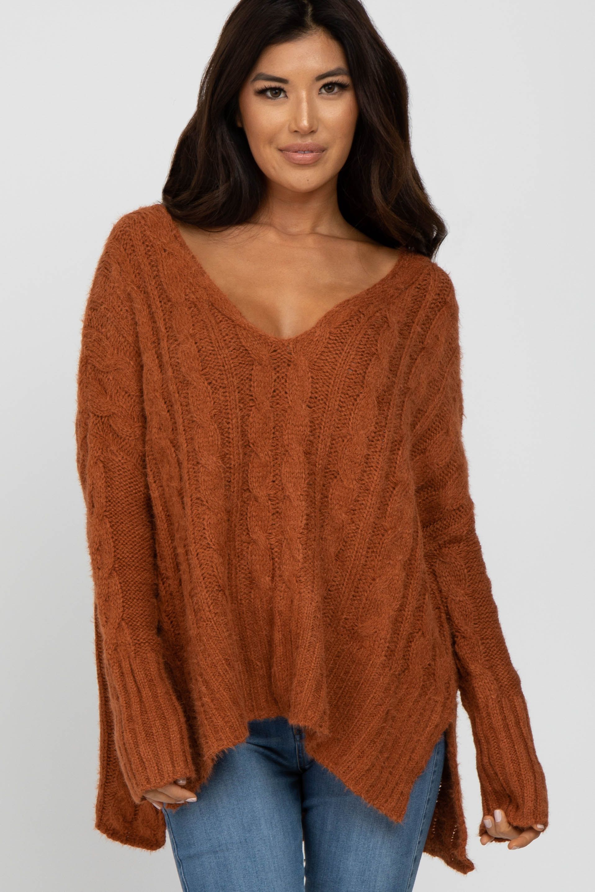 Camel V-Neck Side Slit Cable Knit Maternity Sweater sold by Pinkblush product image thumbnail 5