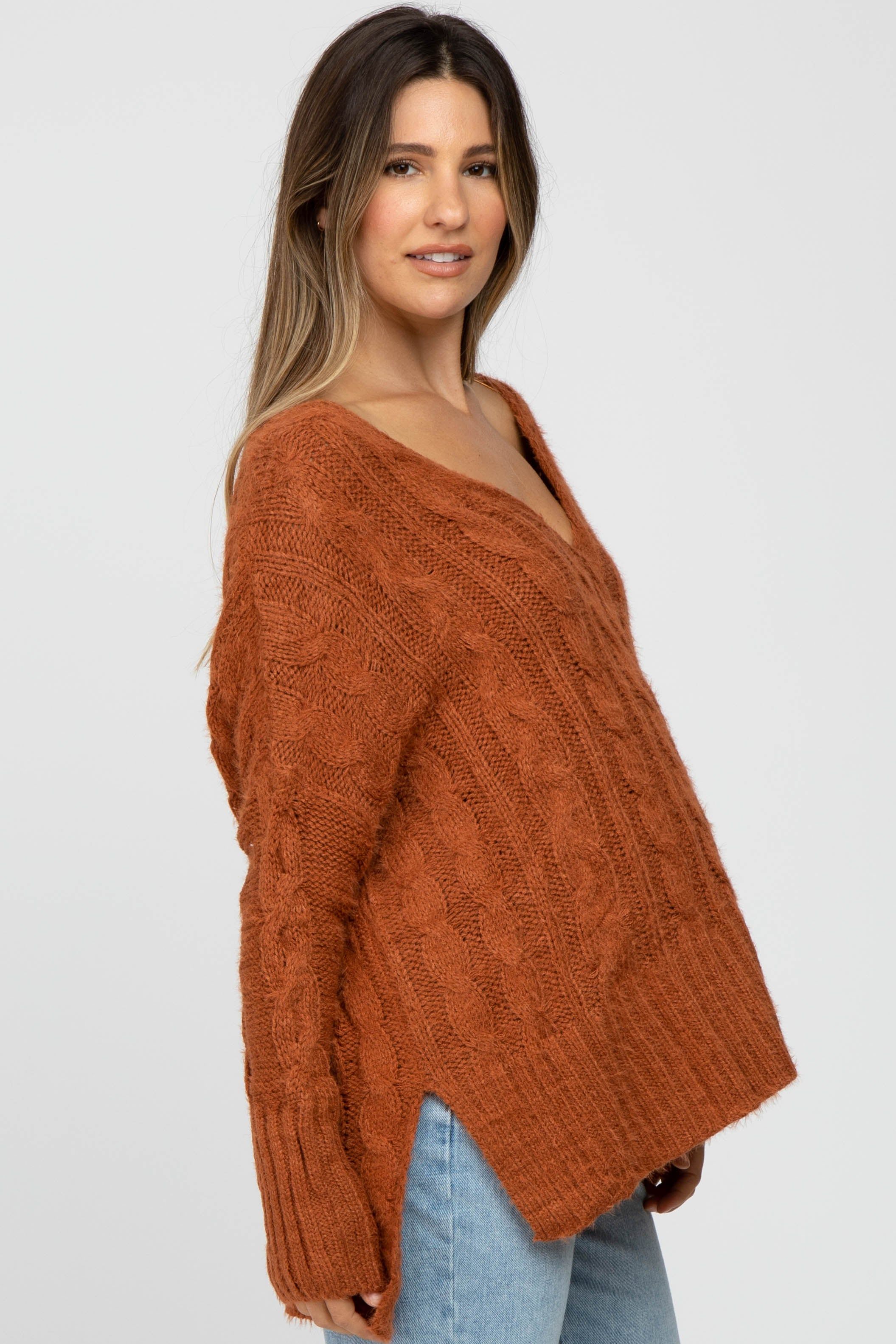 Camel V-Neck Side Slit Cable Knit Maternity Sweater sold by Pinkblush product image thumbnail 2