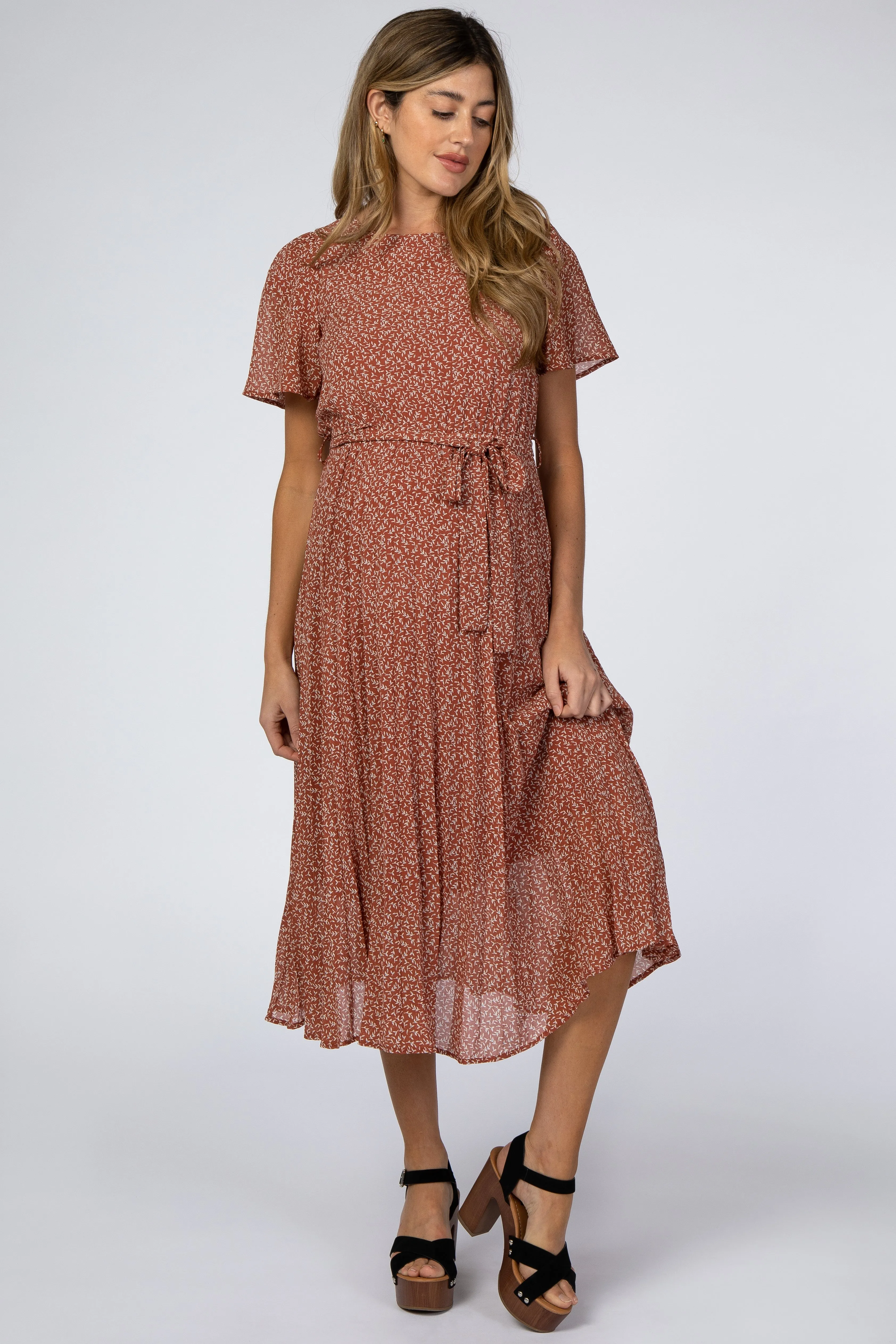 Rust Leaf Print Pleated Maternity Midi Dress sold by Pinkblush