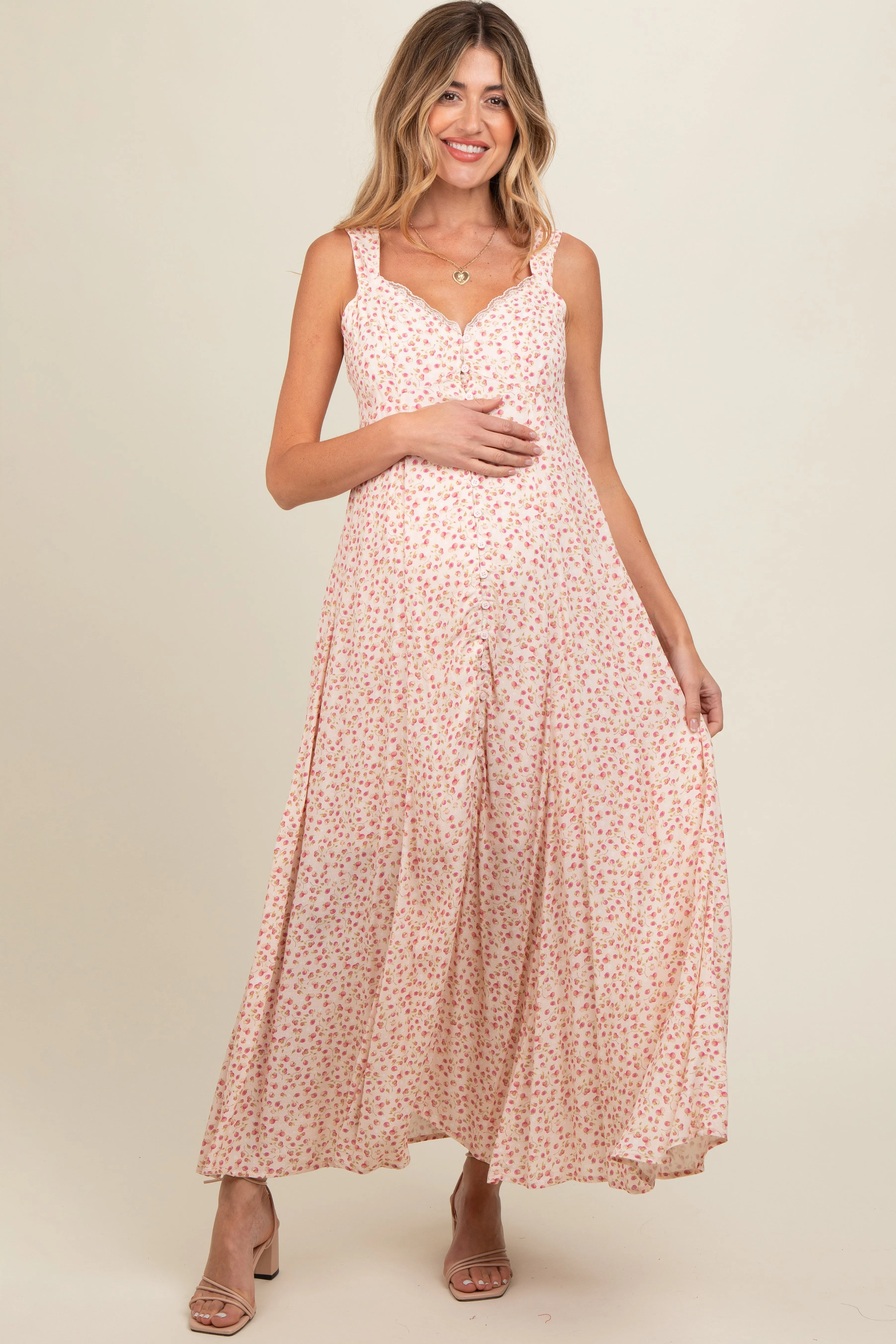 Peach Floral Button Down Maternity Maxi Dress sold by Pinkblush