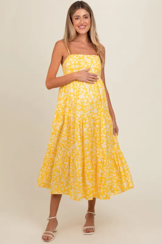 Yellow Floral Cutout Tie Back Maternity Midi Dress sold by Pinkblush