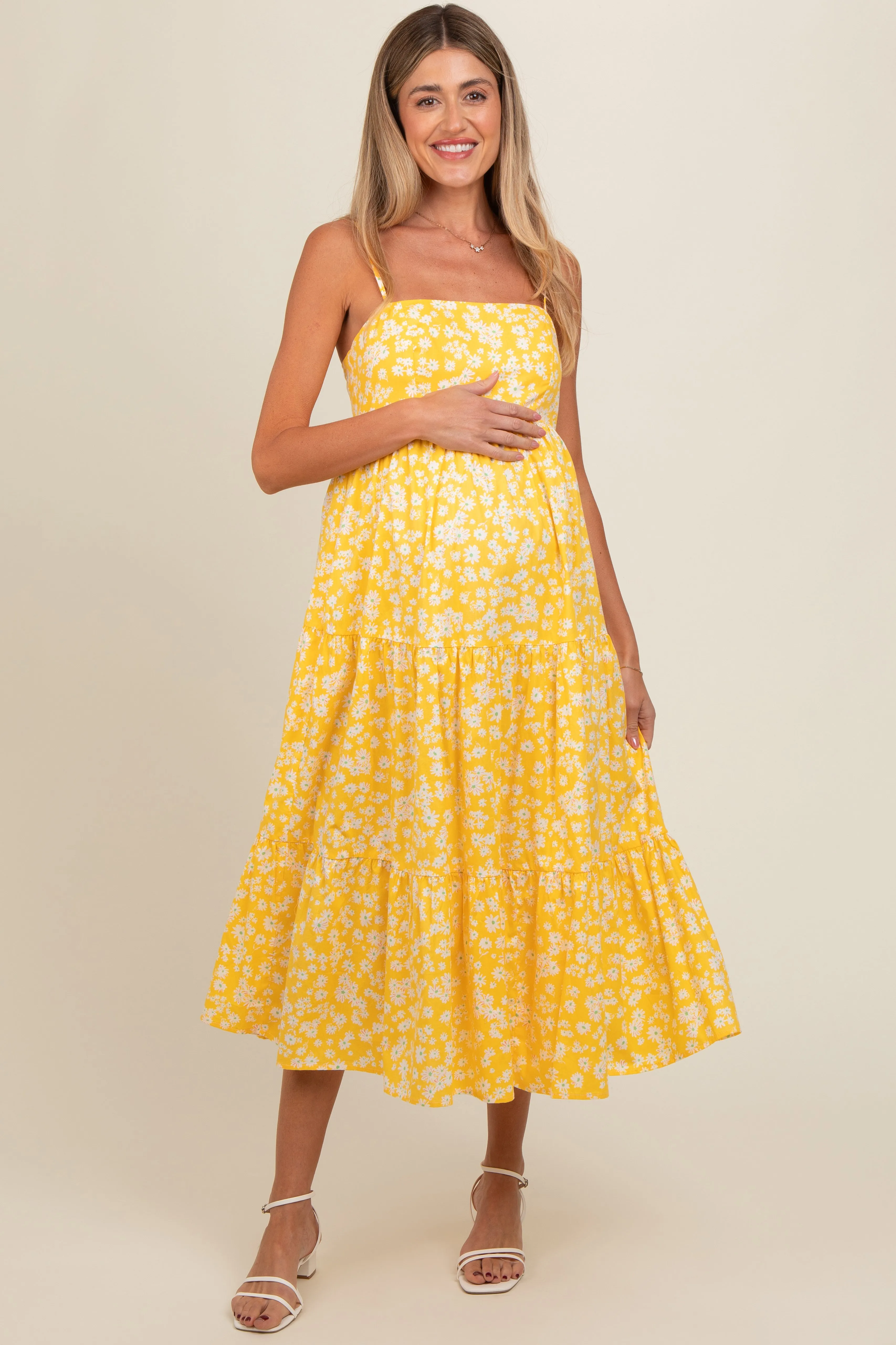 Yellow Floral Cutout Tie Back Maternity Midi Dress sold by Pinkblush