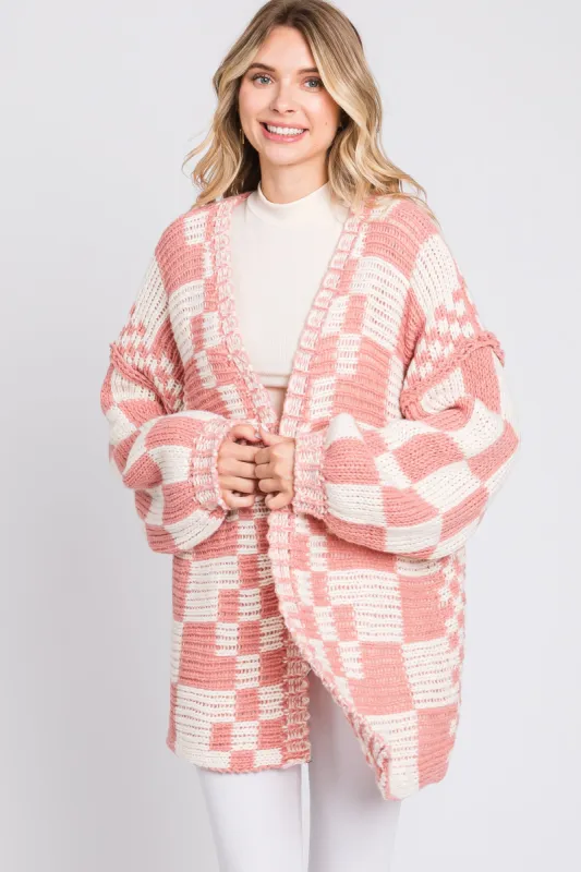 Mauve Checkered Oversized Chunky Knit Cardigan sold by Pinkblush