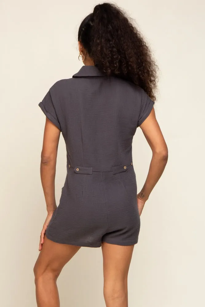 Charcoal Gauze Button Up Front Pocket Romper sold by Pinkblush product image thumbnail 3