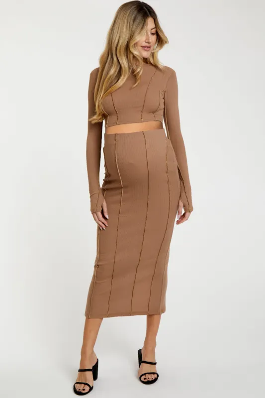 Mocha Exposed Seams Top and Skirt Maternity Set sold by Pinkblush