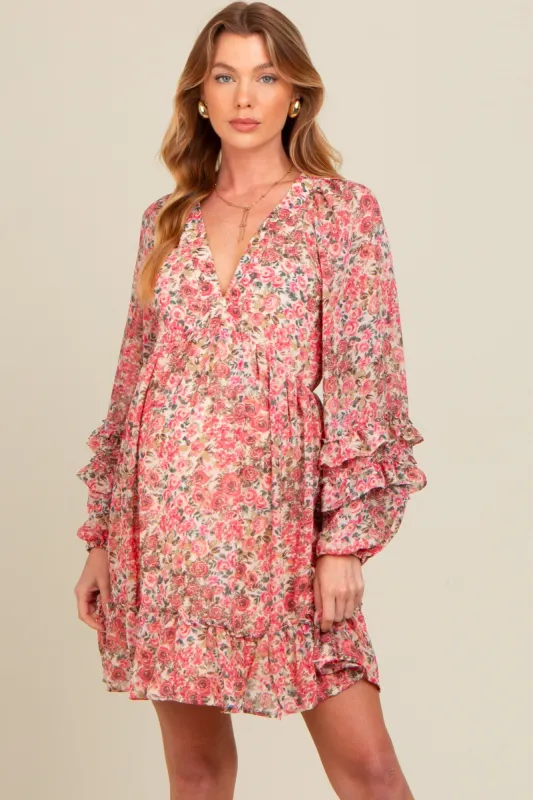 Pink Floral Ruffle Accent Maternity Dress sold by Pinkblush