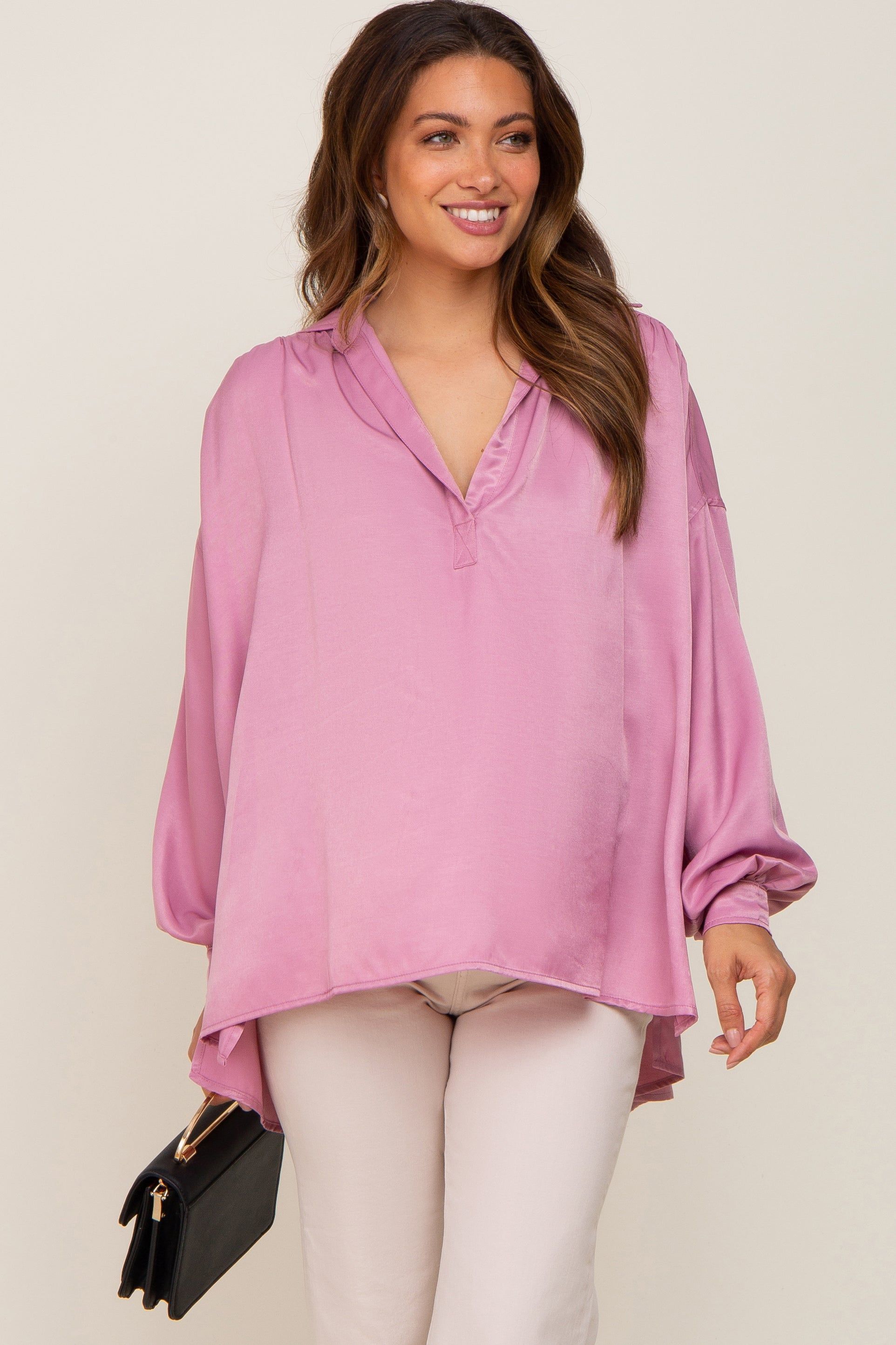 Mauve Silk Collared V-Neck Long Sleeve Maternity Blouse sold by Pinkblush product image thumbnail 2