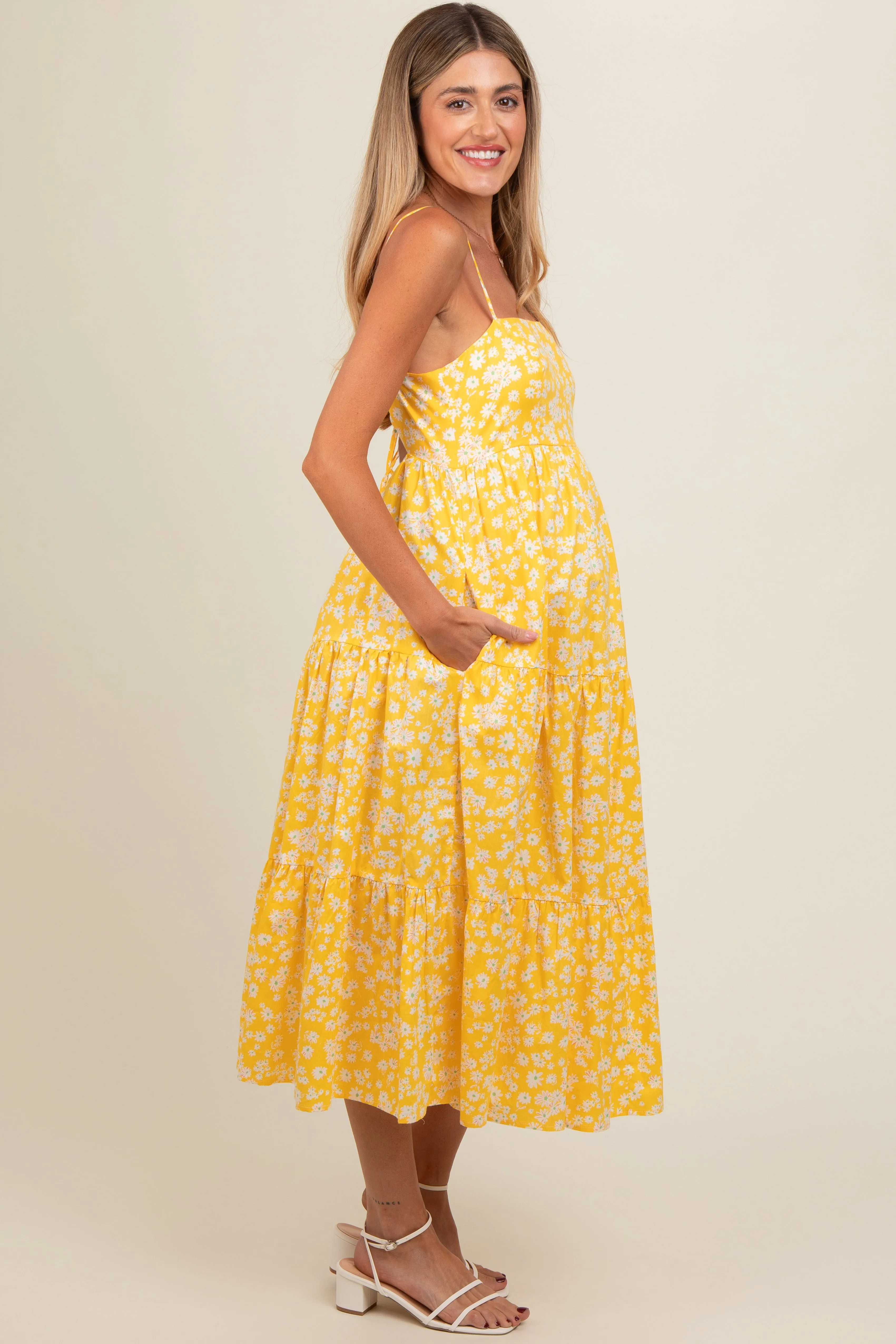 Yellow Floral Cutout Tie Back Maternity Midi Dress sold by Pinkblush product image thumbnail 3