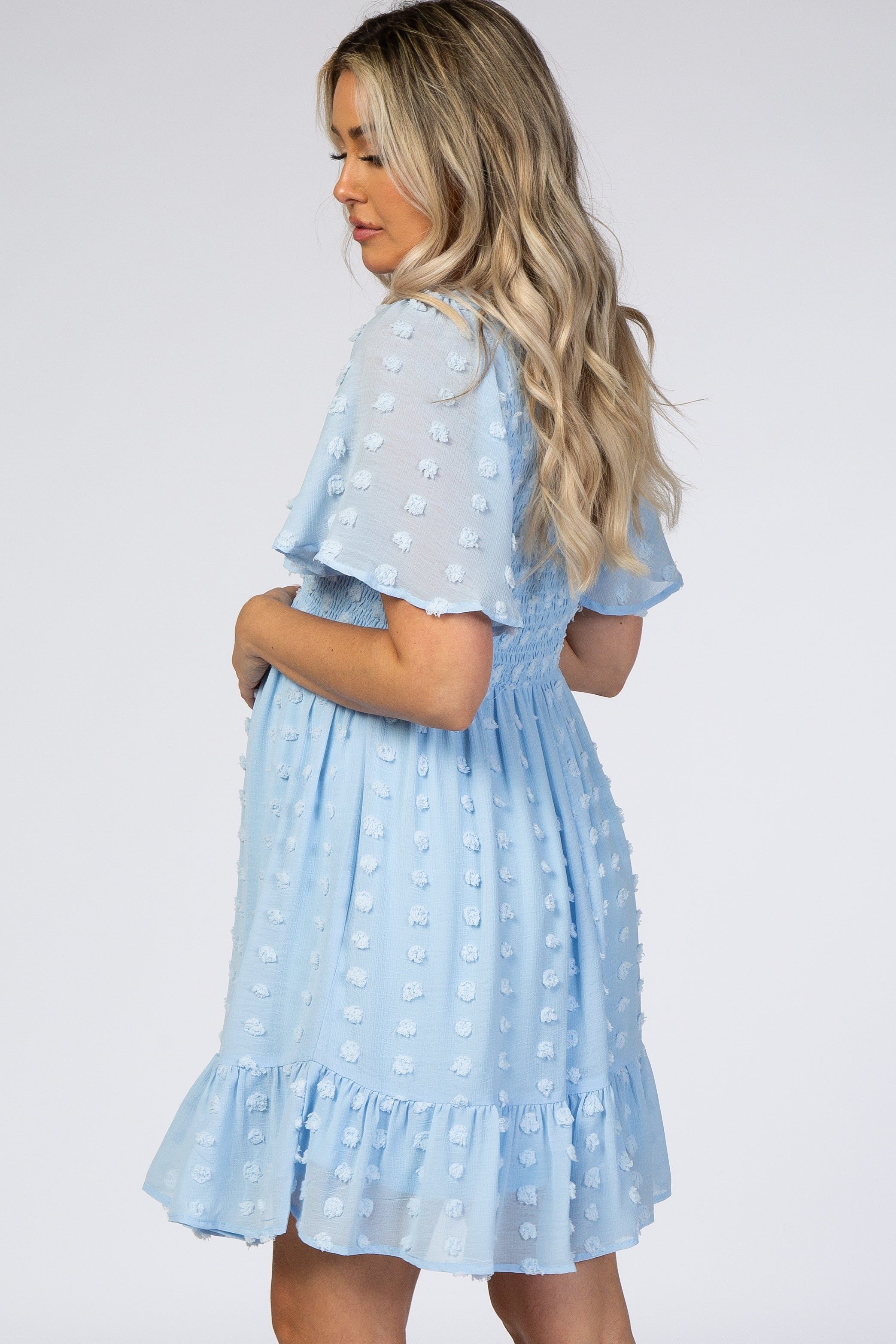Light Blue Swiss Dot Smocked Maternity Dress sold by Pinkblush product image thumbnail 2