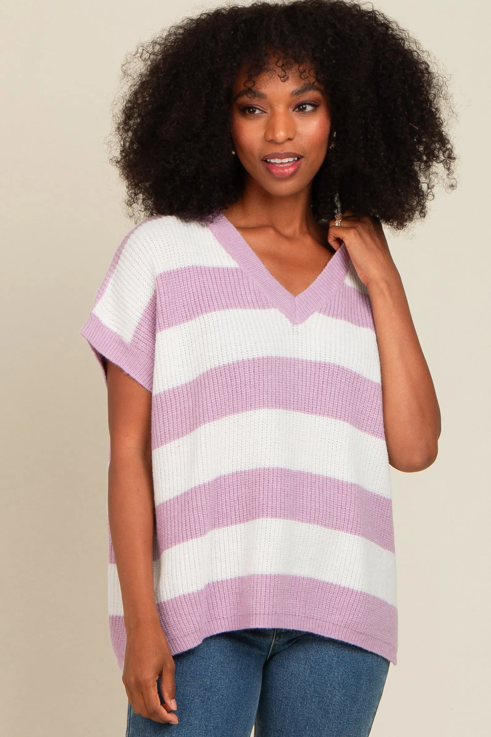 Mauve Striped V-Neck Sweater Top sold by Pinkblush