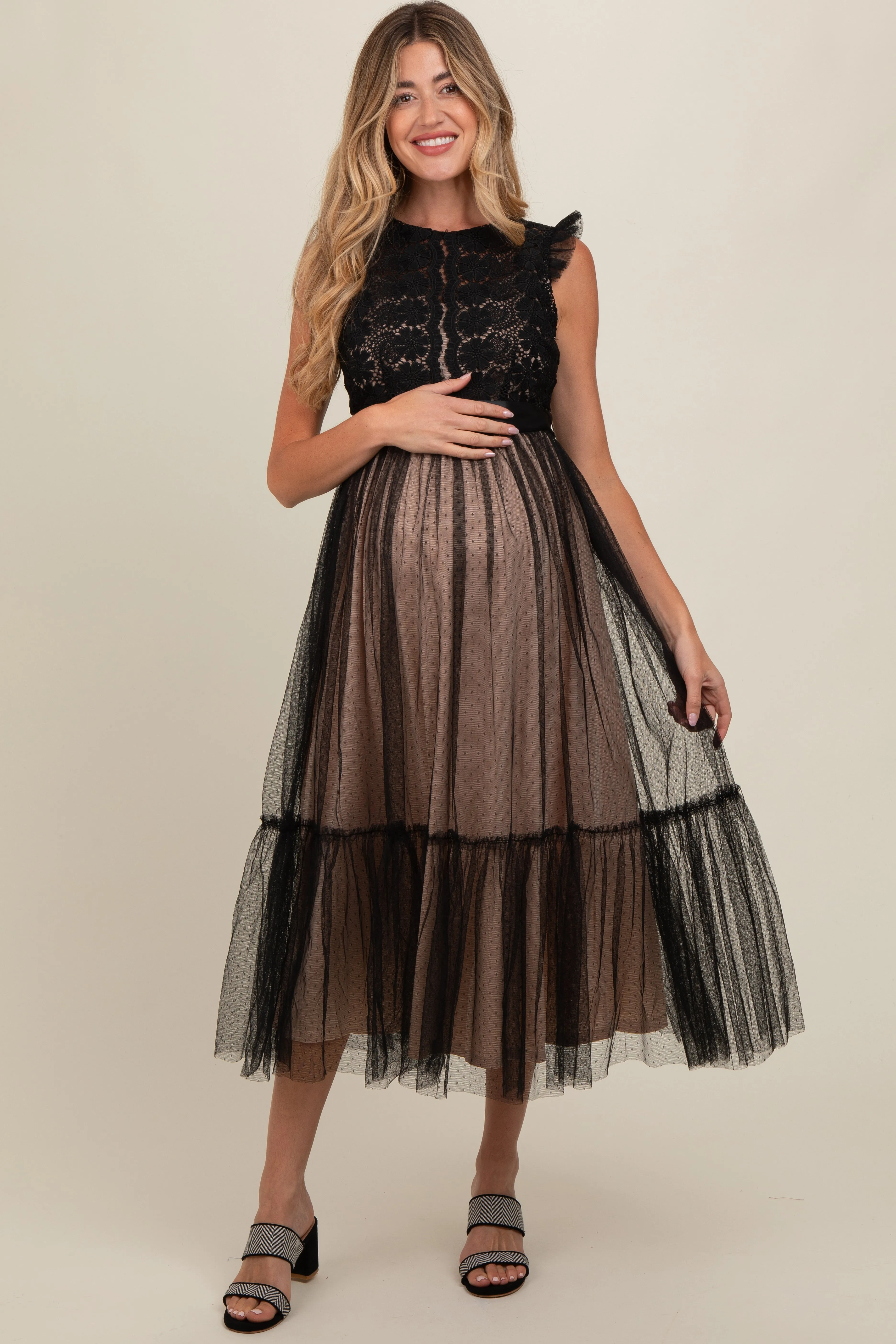 Black Lace Contrast Tulle Maternity Maxi Dress sold by Pinkblush product image thumbnail 3