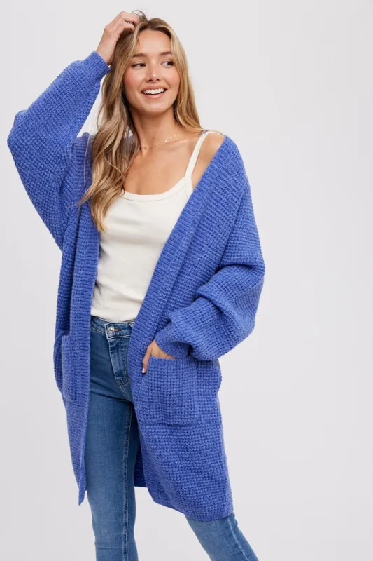 Blue Chunky Waffle Knit Cardigan sold by Pinkblush