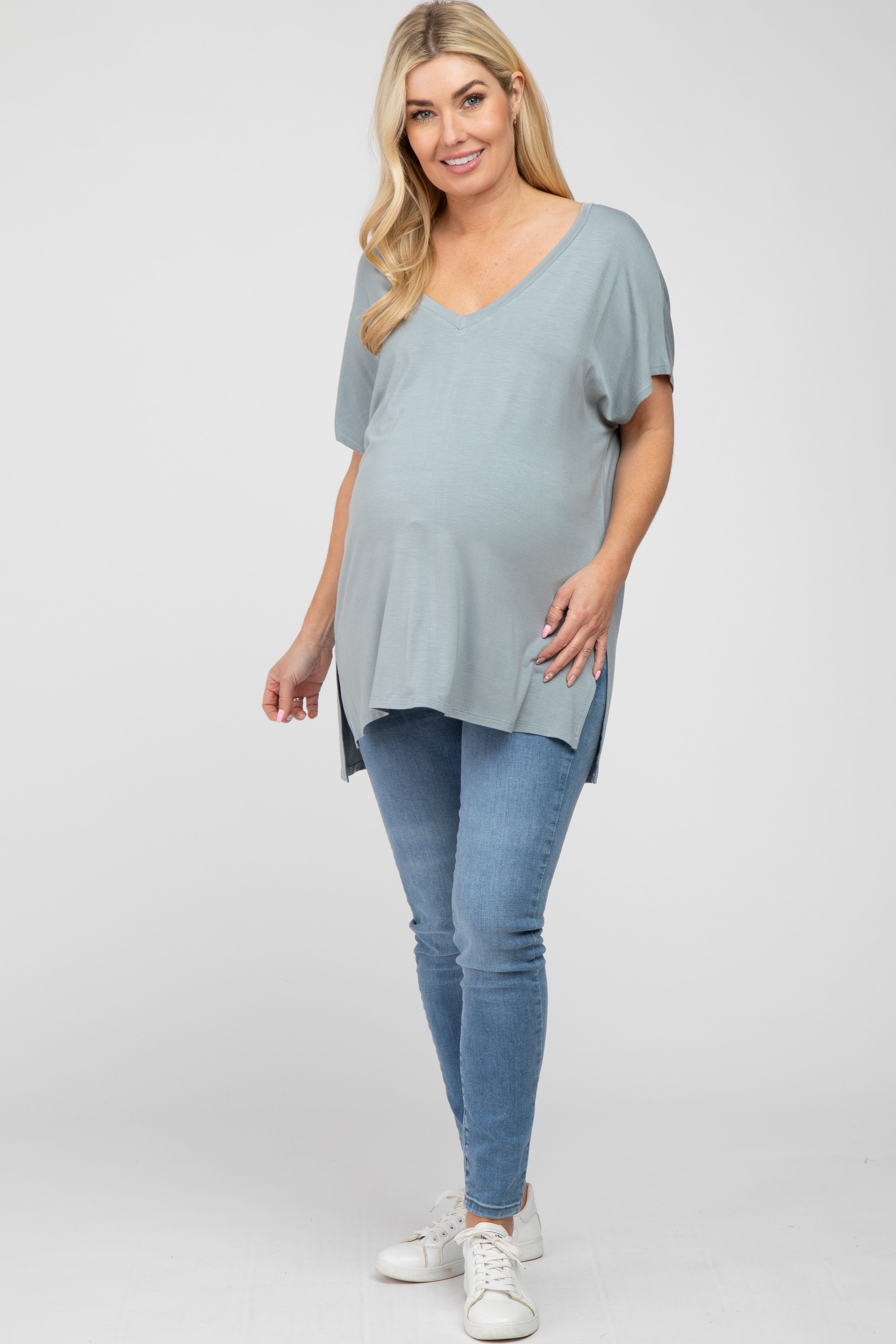 Blue V-Neck Oversized Maternity Short Sleeve Top sold by Pinkblush product image thumbnail 4