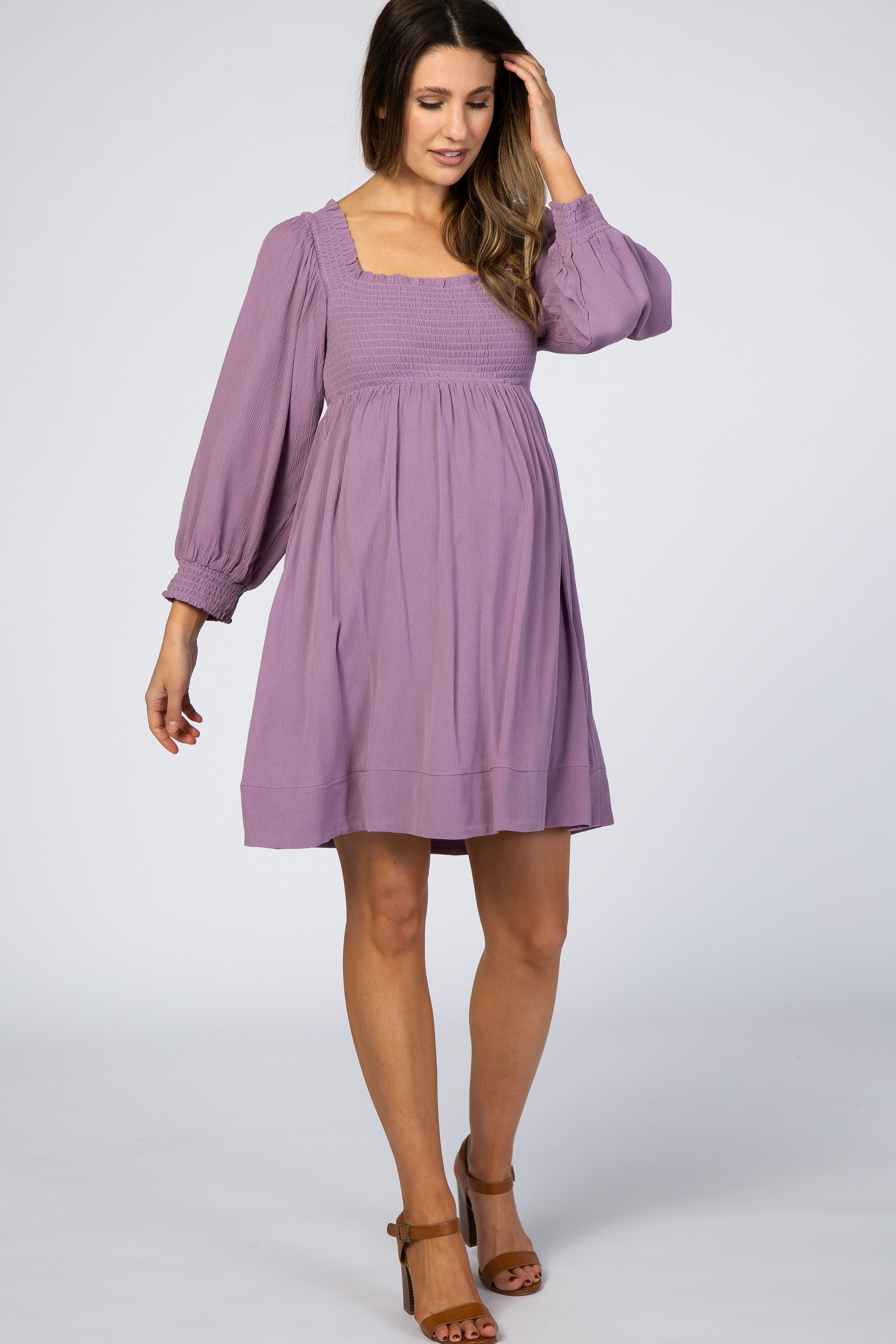 Light Purple Smocked Maternity Mini Dress sold by Pinkblush