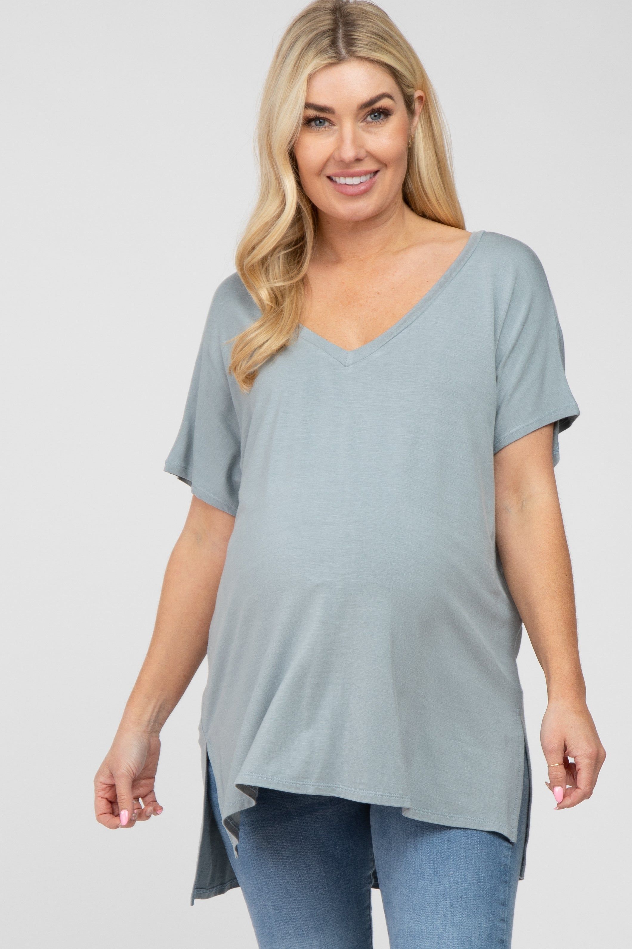 Blue V-Neck Oversized Maternity Short Sleeve Top sold by Pinkblush